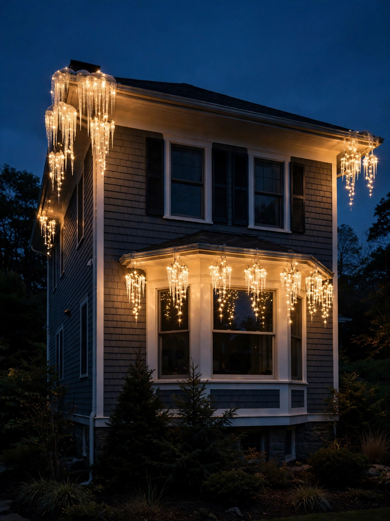 outdoor christmas lights ideas 2026 with grouped icicle light clusters at house eaves and corners