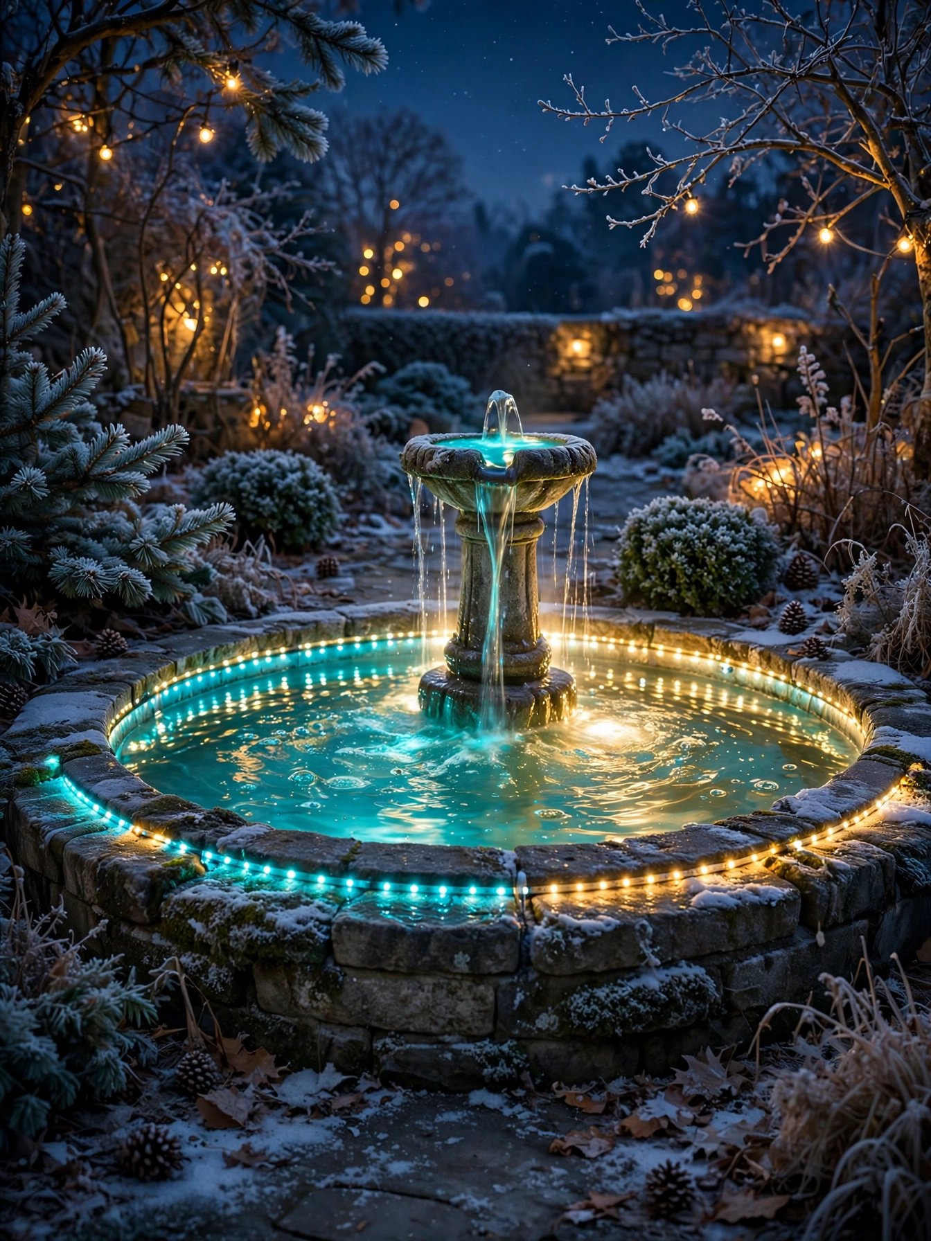 outdoor christmas lights ideas 2026 with a waterproof LED ring glowing in a garden fountain basin