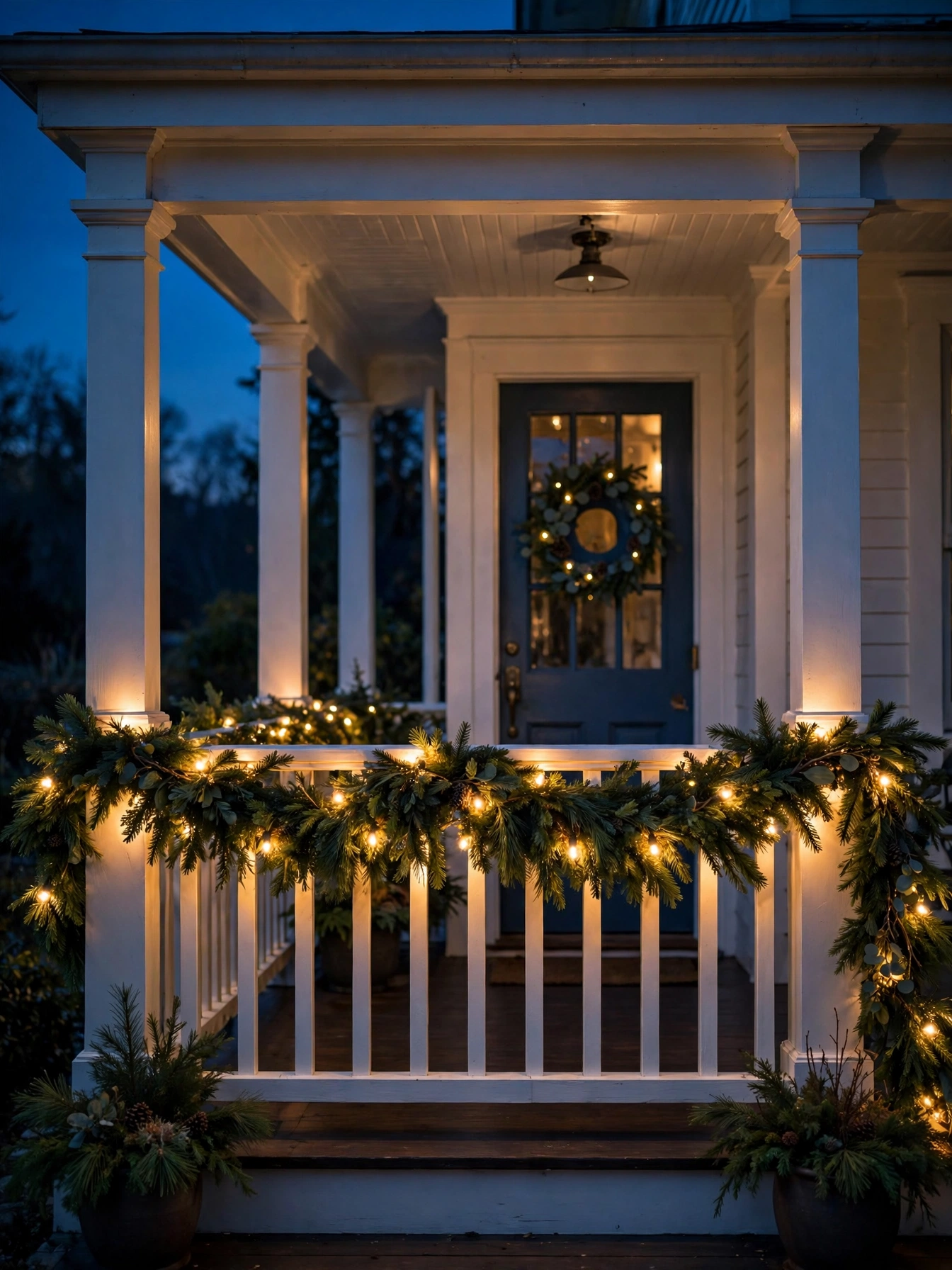 outdoor christmas lights ideas 2026 threading warm mini lights through garland on a porch railing