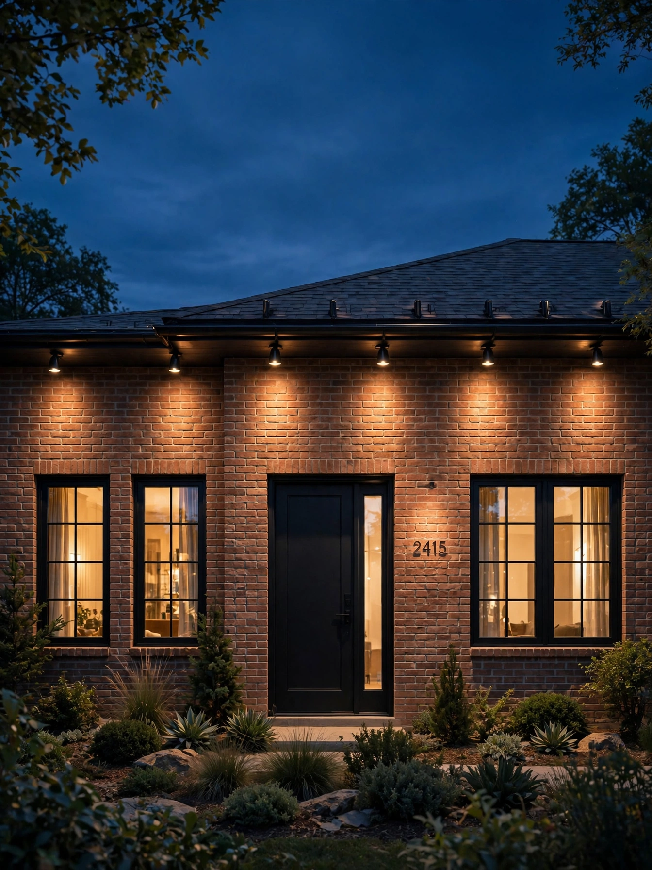 outdoor christmas lights ideas 2026 with gutter-mounted washers casting warm light up a brick facade
