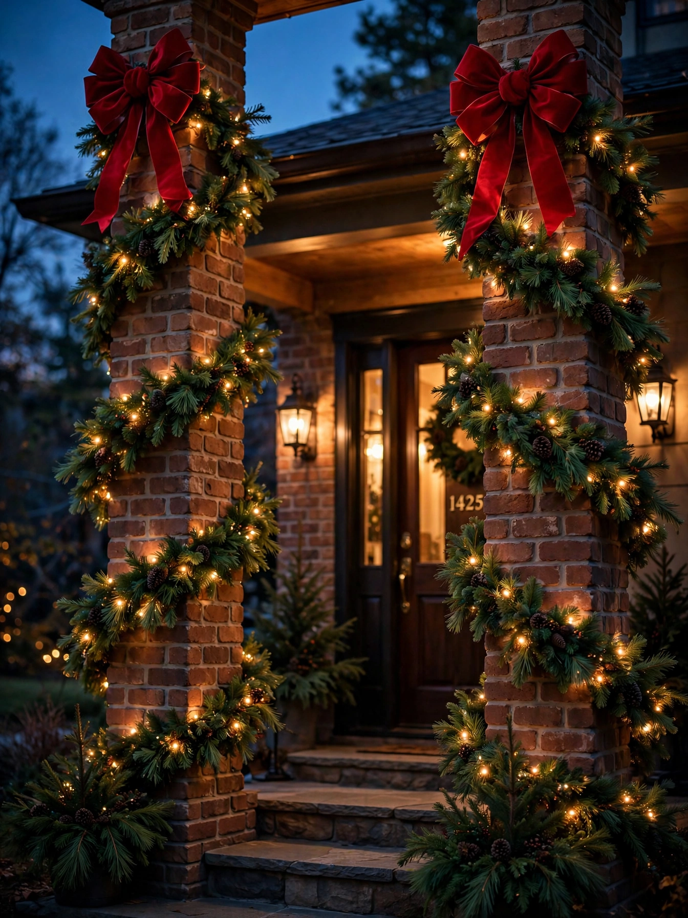 outdoor christmas lights ideas 2026 wrapping porch columns in lit garland with red bows