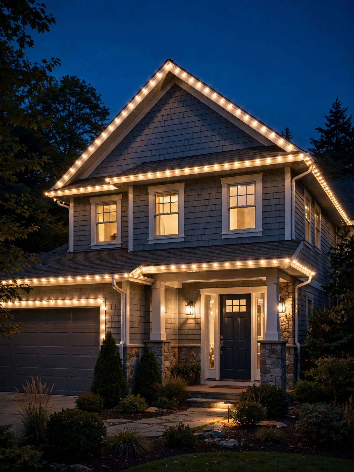 outdoor christmas lights ideas 2026: warm white C9 bulbs outlining a two-story home roofline at night