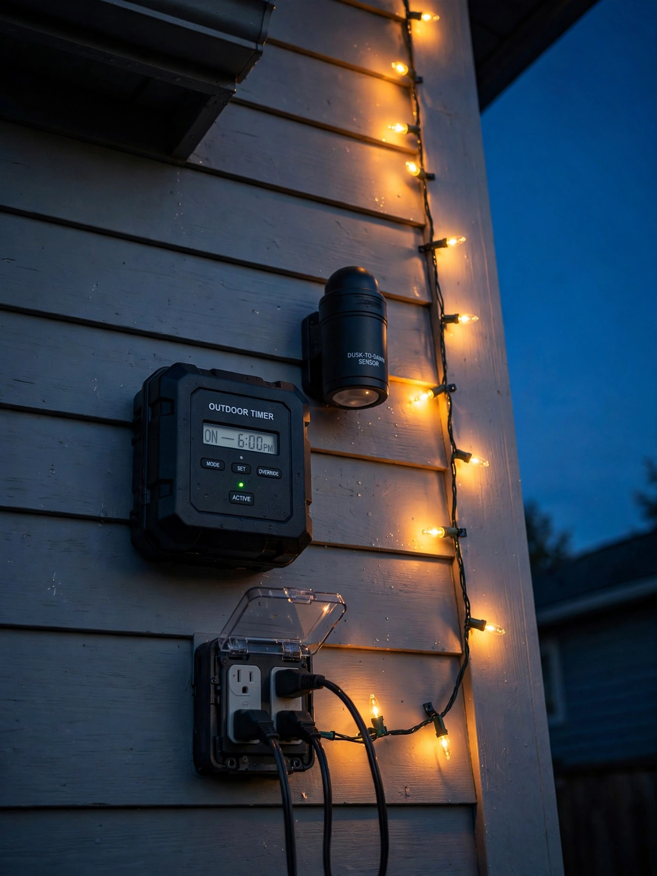 outdoor christmas lights ideas 2026 with a smart timer hub controlling a full yard light display