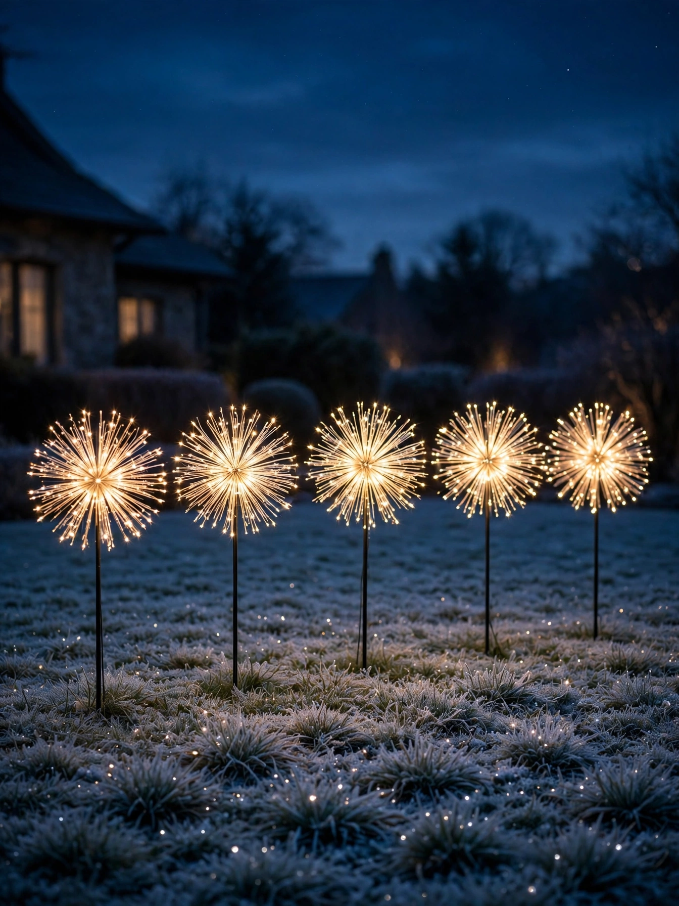 outdoor christmas lights ideas 2026 with starburst light spheres sparkling on a frosty front lawn