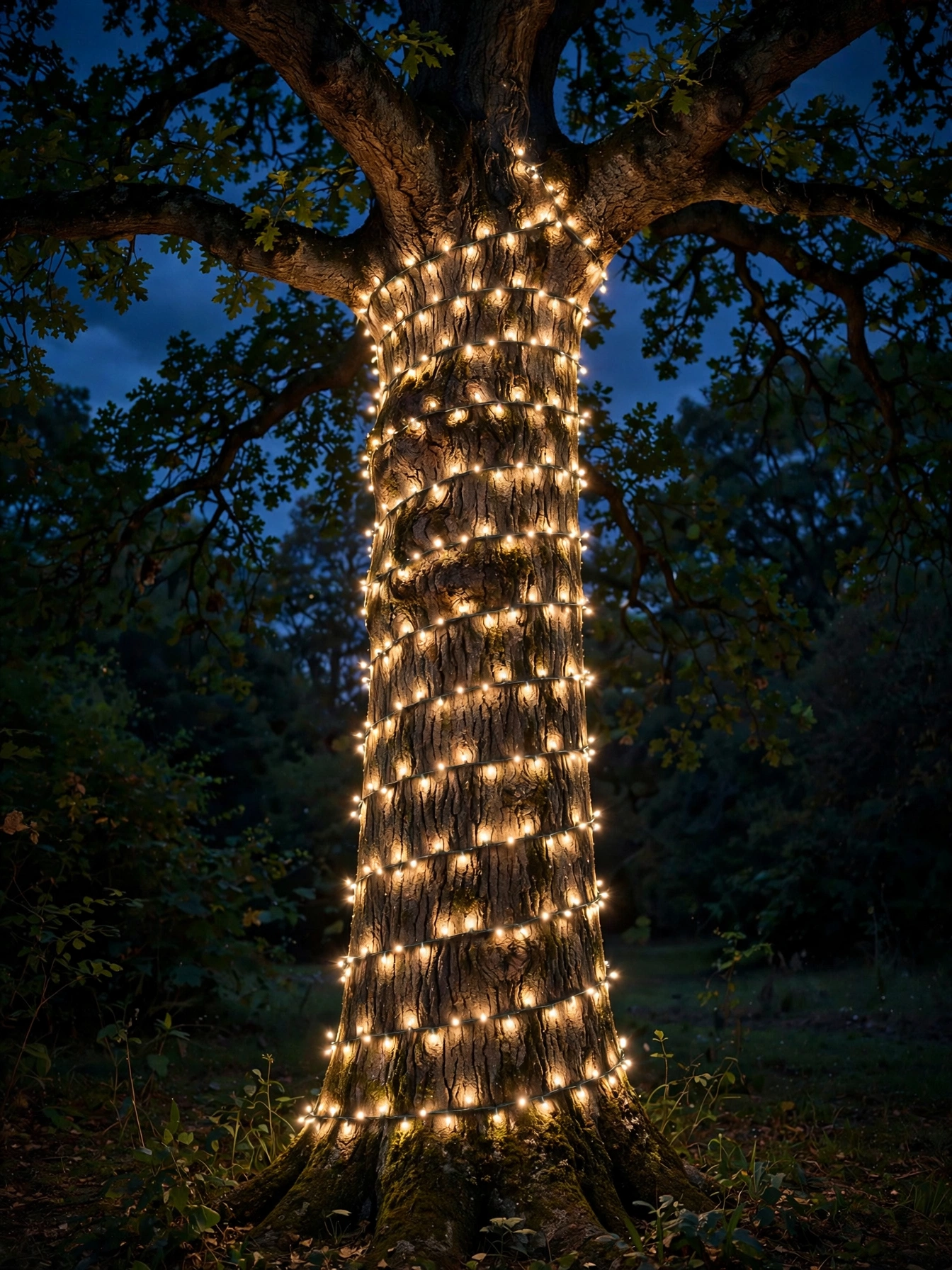 outdoor christmas lights ideas 2026 wrapping an oak tree trunk in a spiral of warm white lights