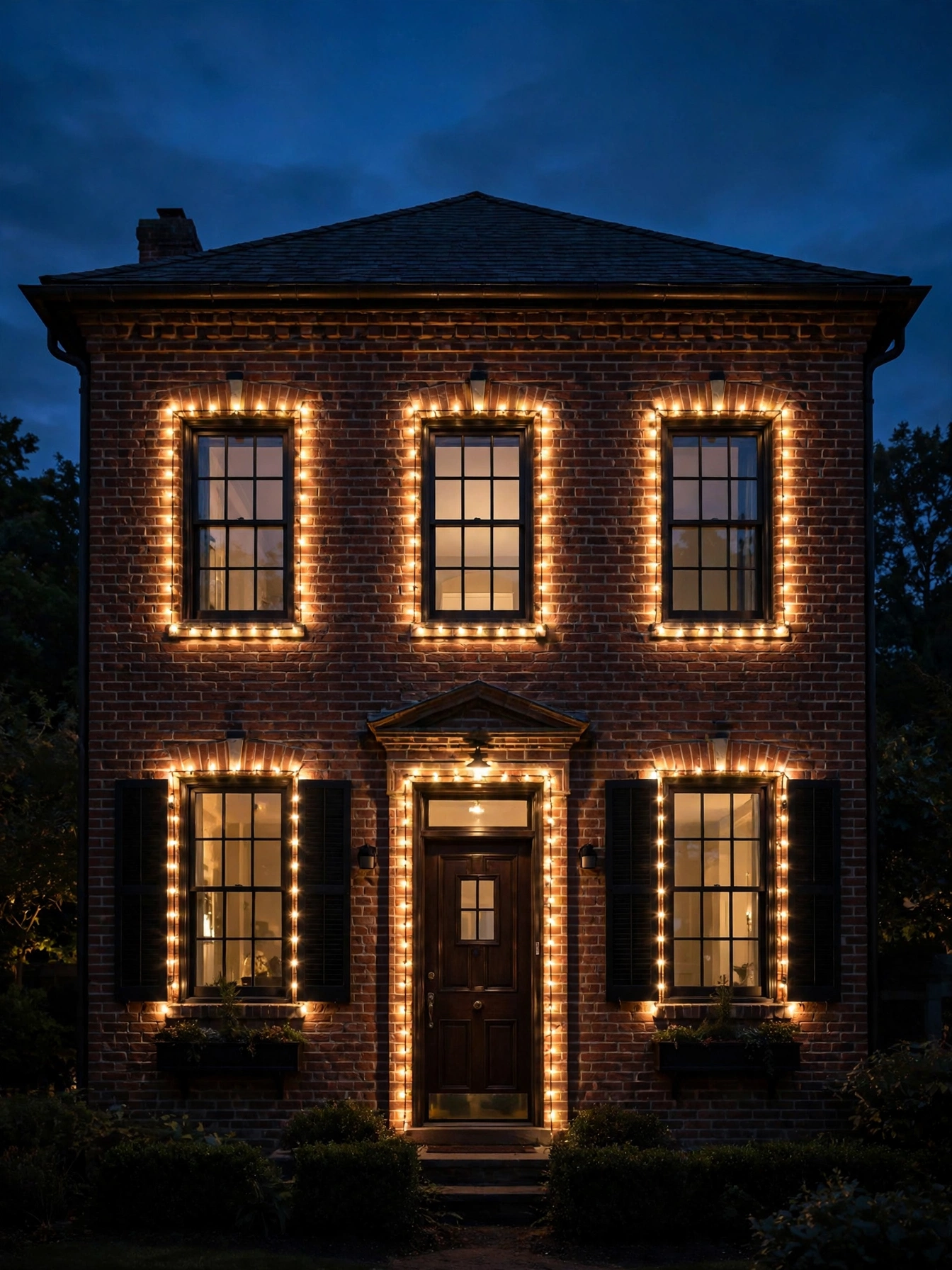 outdoor christmas lights ideas 2026 outlining brick house windows with warm white string lights