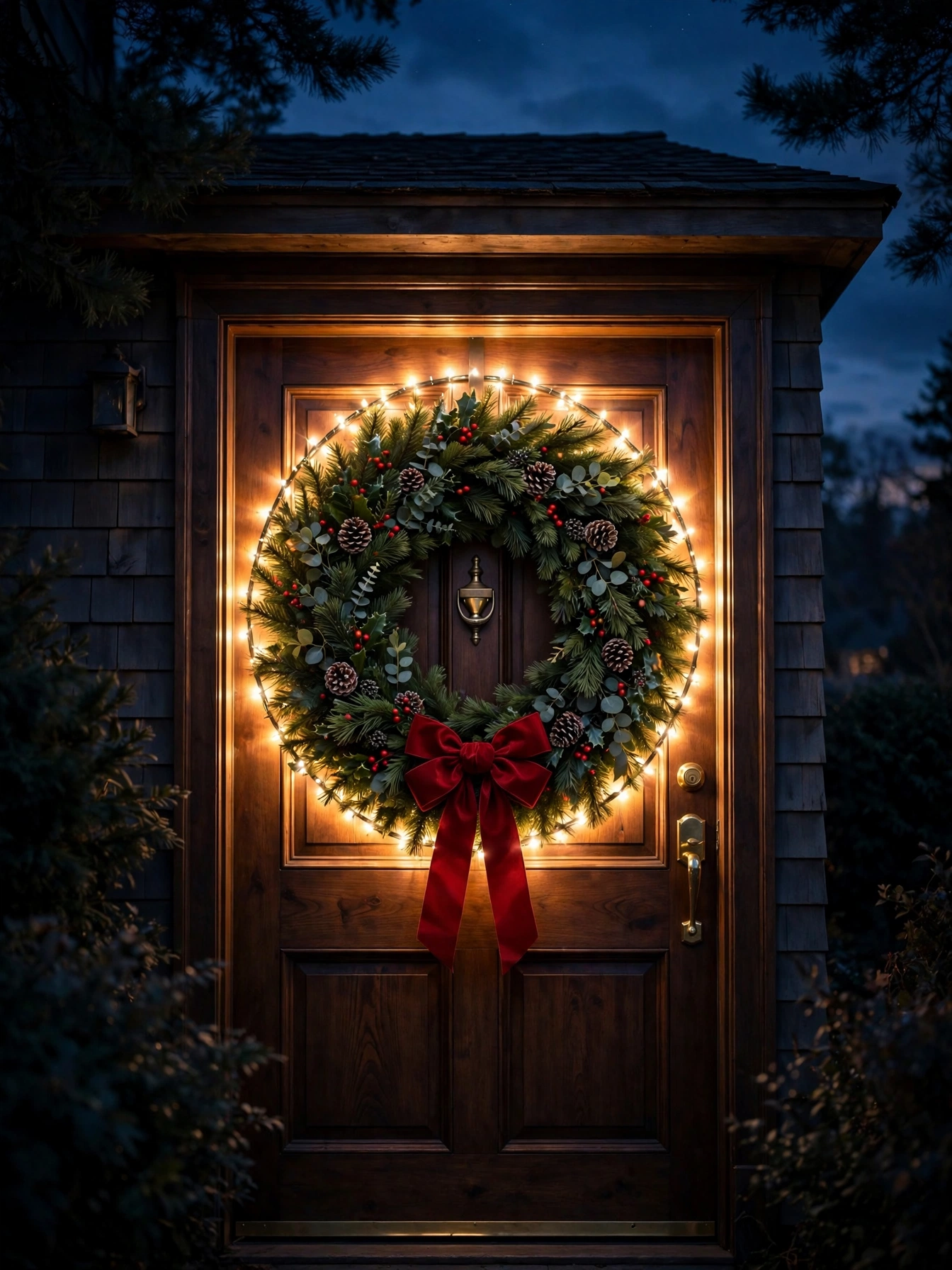 outdoor christmas lights ideas 2026 with a backlit pine wreath creating a glowing halo on a front door