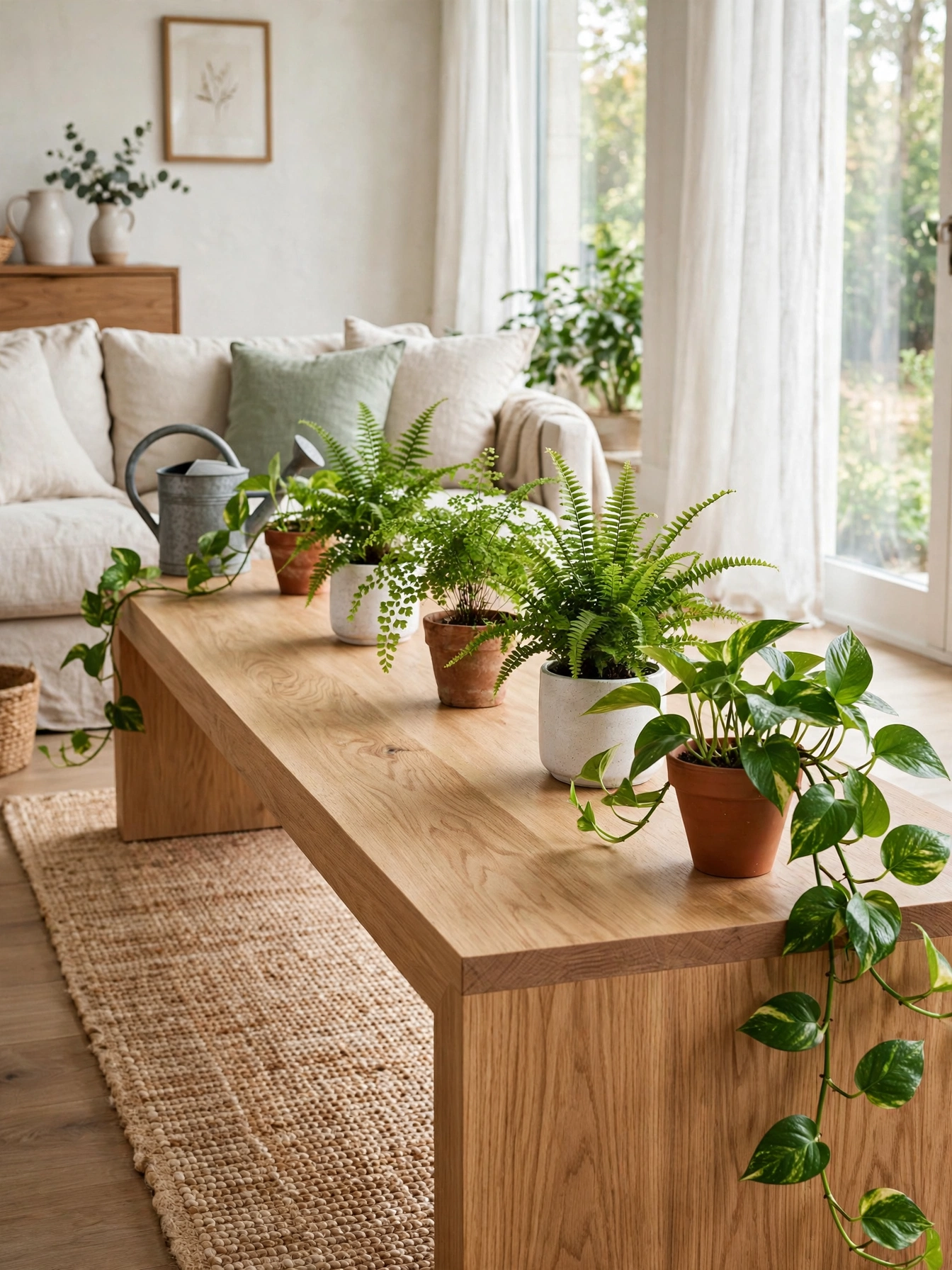 Row of five small potted plants along a 72 inch table, styled with rectangle coffee table decor ideas
