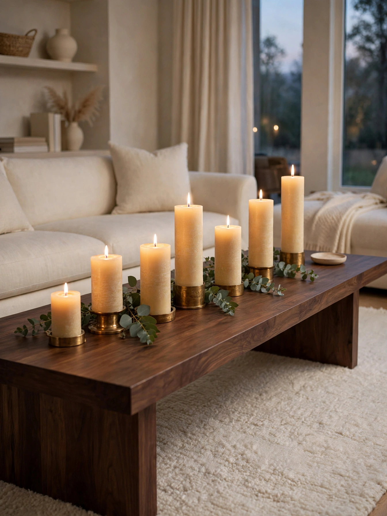 Seven ivory pillar candles of varying heights on a long table, styled with rectangle coffee table decor ideas