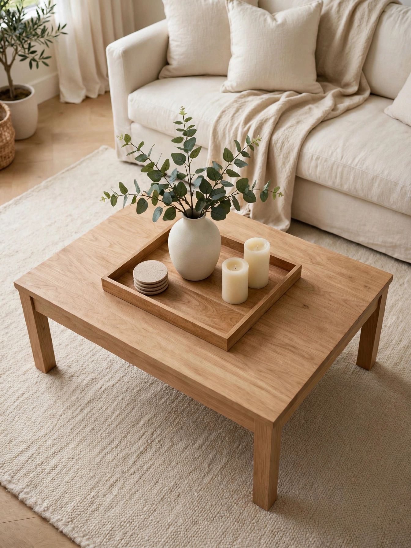 Rectangular coffee table with a centered oak tray holding a vase and candles, styled with rectangle coffee table decor ideas