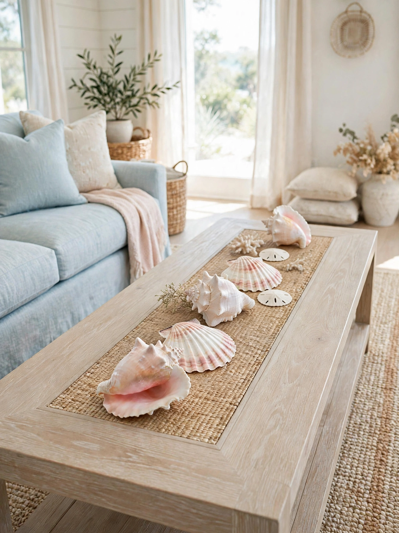 Line of large shells and coral down the center of a table, styled with rectangle coffee table decor ideas