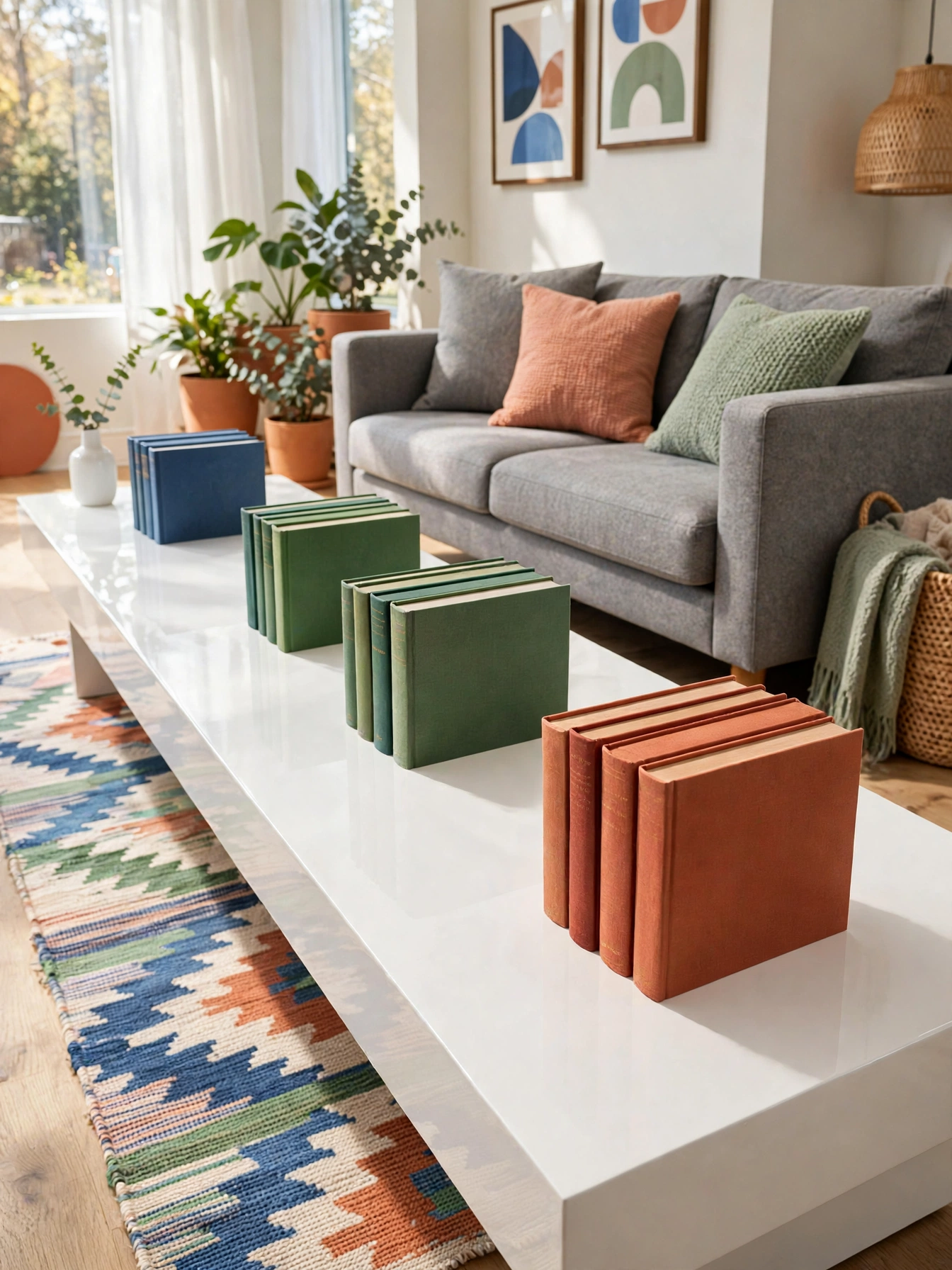 Books grouped by spine color in three blocks along a 68 inch table, styled with rectangle coffee table decor ideas