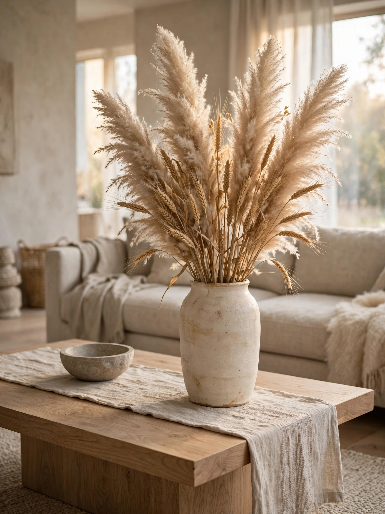 Dried pampas grass and wheat stems in a cream vase on a table, styled with rectangle coffee table decor ideas