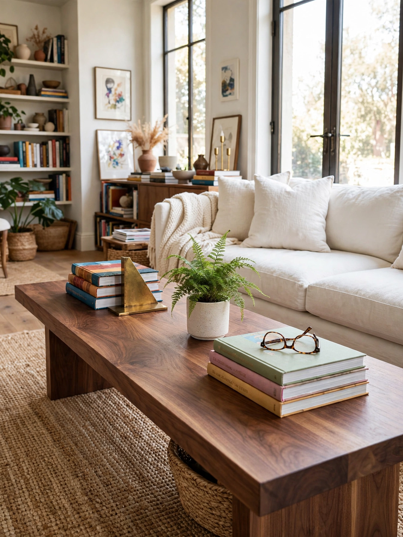 Long coffee table with book stacks at each end and a fern center, styled with rectangle coffee table decor ideas