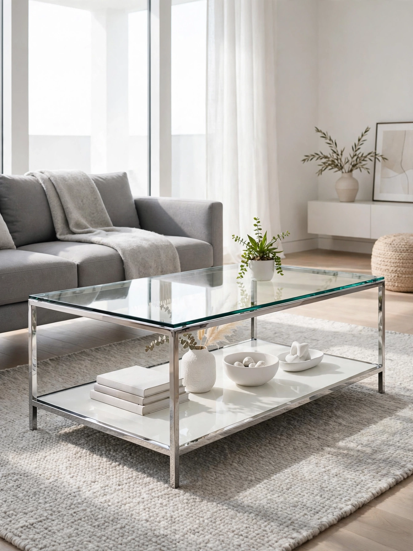 Glass top coffee table revealing styled books on the lower shelf, styled with rectangle coffee table decor ideas