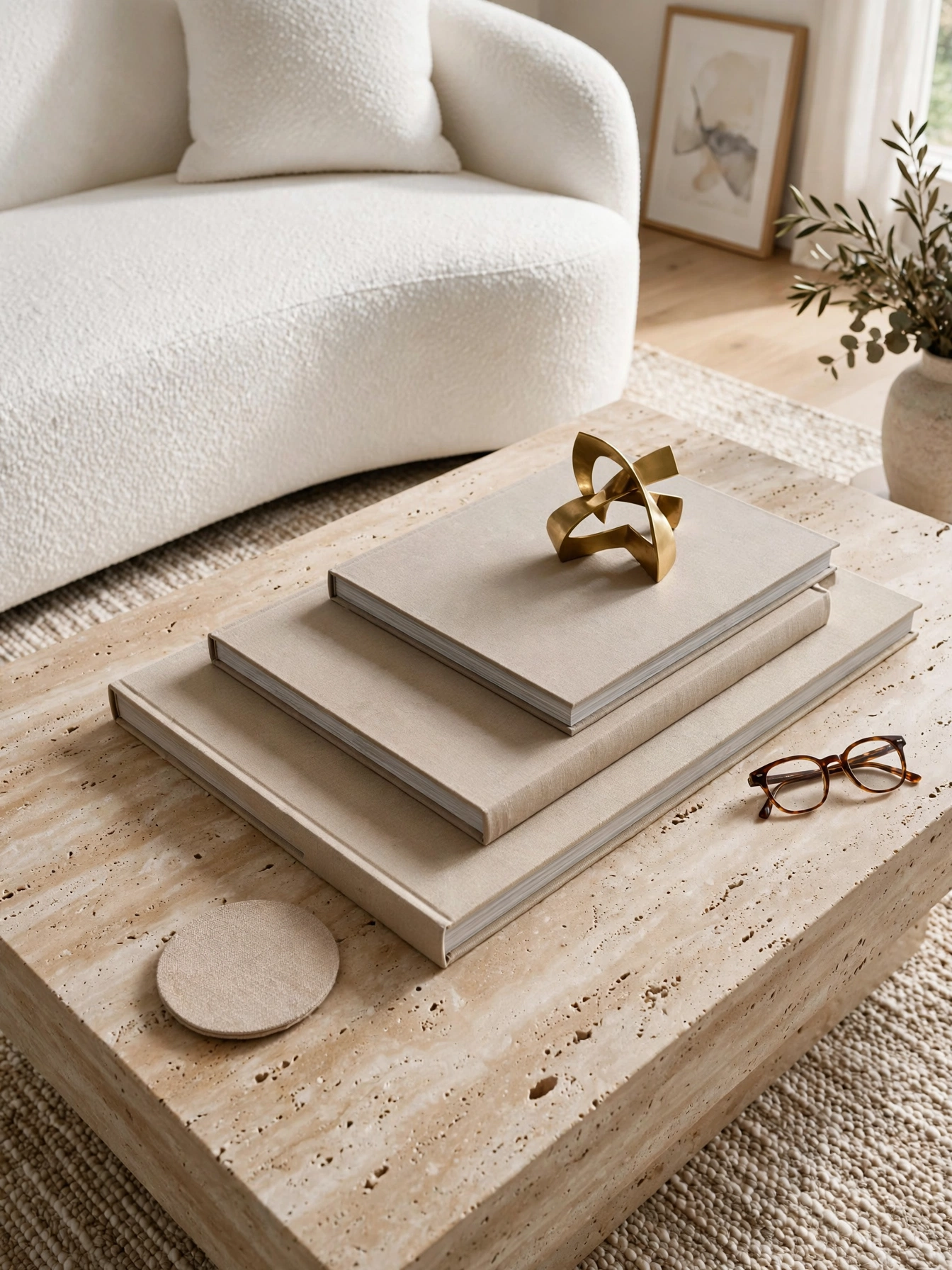 Oversized art books layered with offsets on a travertine table, styled with rectangle coffee table decor ideas