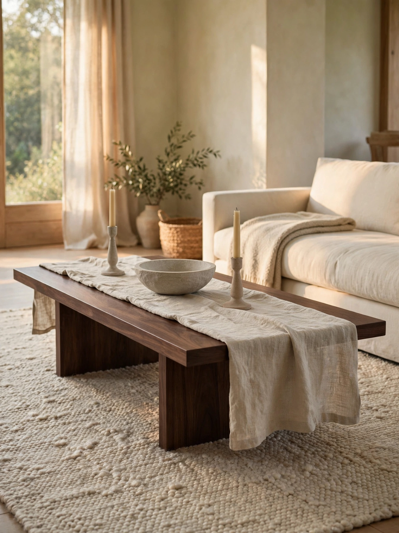 Oatmeal linen runner overhanging a walnut coffee table with a stone bowl, styled with rectangle coffee table decor ideas