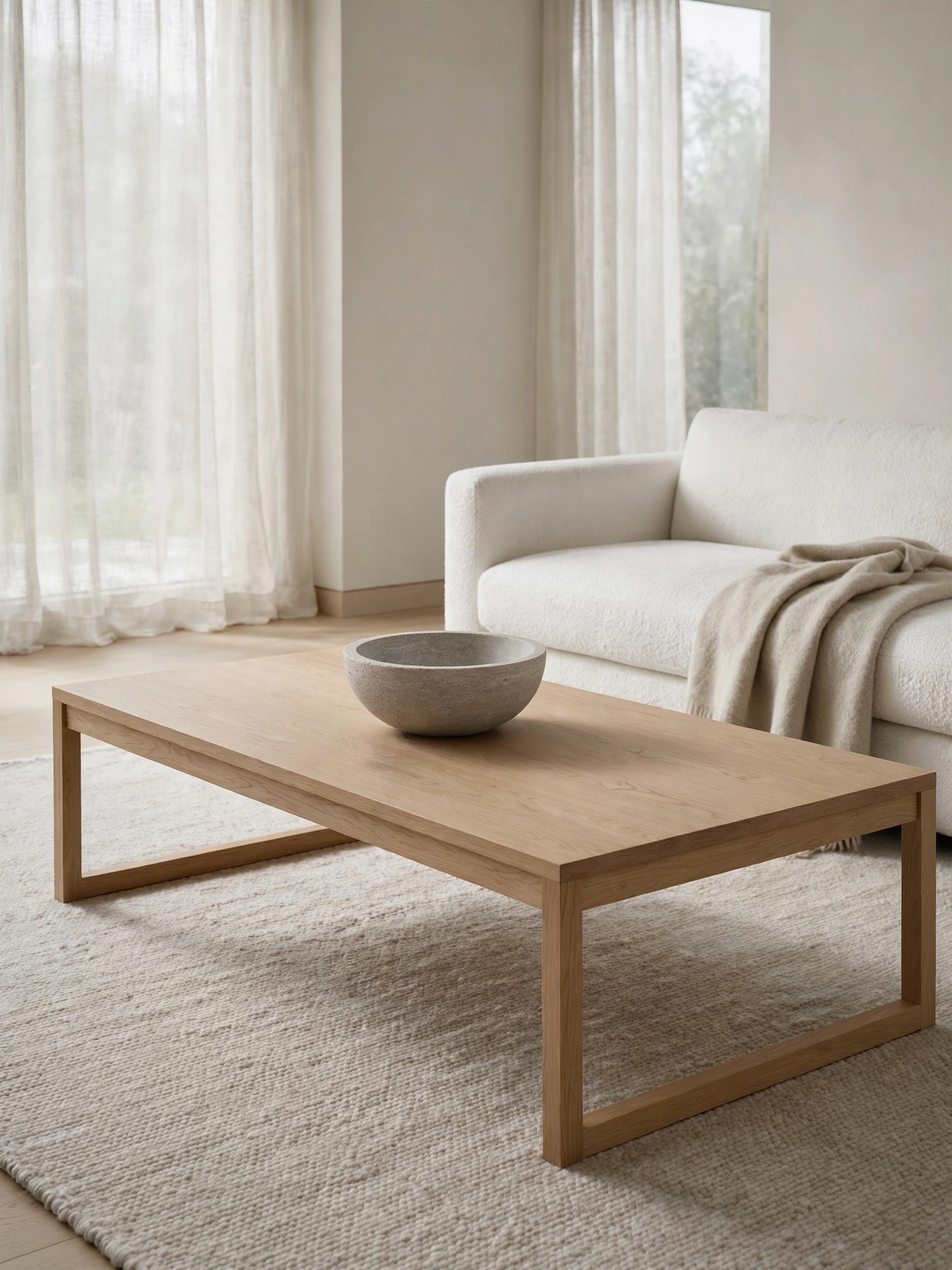Single travertine bowl centered on a 70 inch table in a minimalist room, styled with rectangle coffee table decor ideas