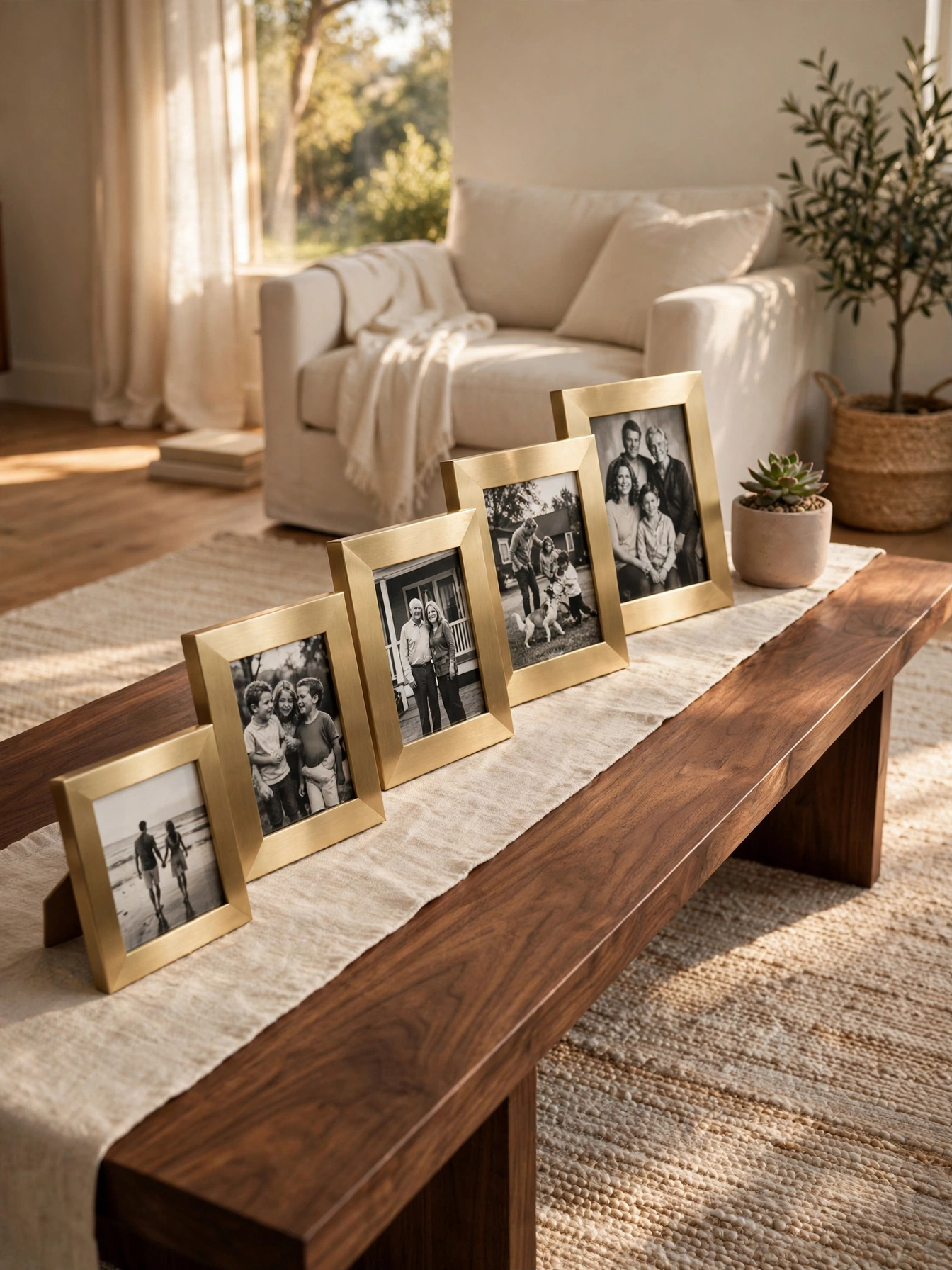 Row of five brass photo frames in graduating sizes on a long table, styled with rectangle coffee table decor ideas