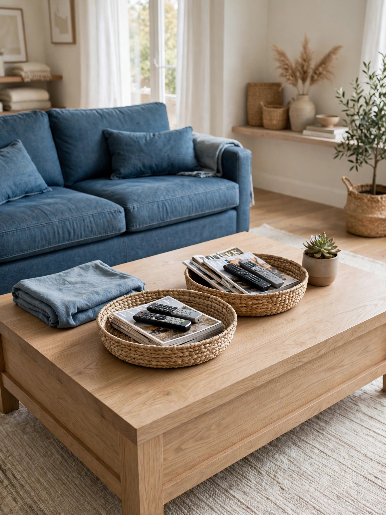 Two low seagrass baskets holding remotes on an oak table, styled with rectangle coffee table decor ideas
