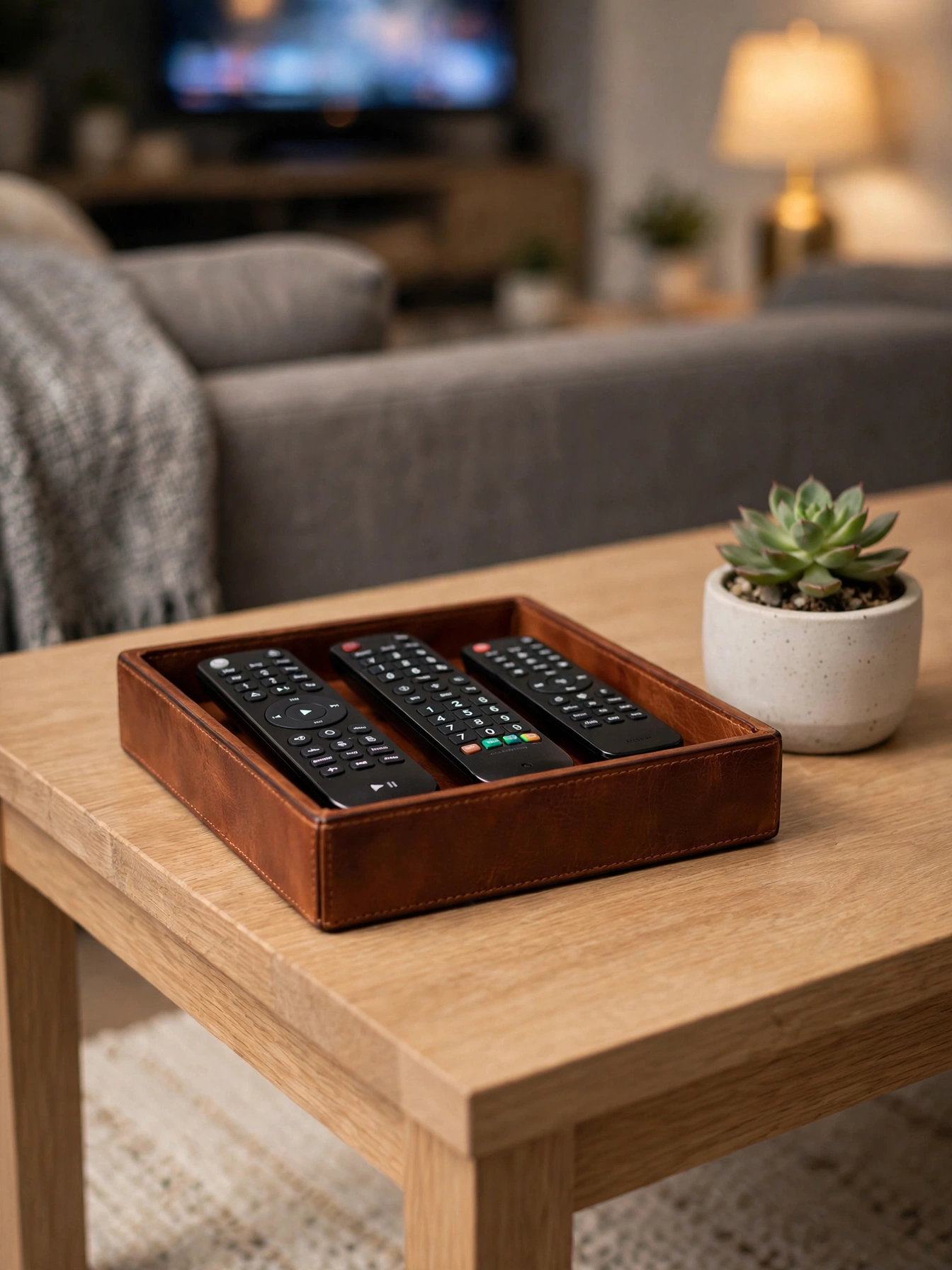 Cognac leather tray holding TV remotes on a family coffee table, styled with rectangle coffee table decor ideas
