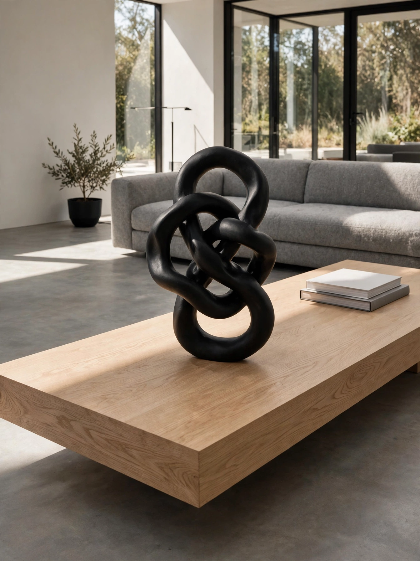 Matte black abstract sculpture centered on a long oak table, styled with rectangle coffee table decor ideas