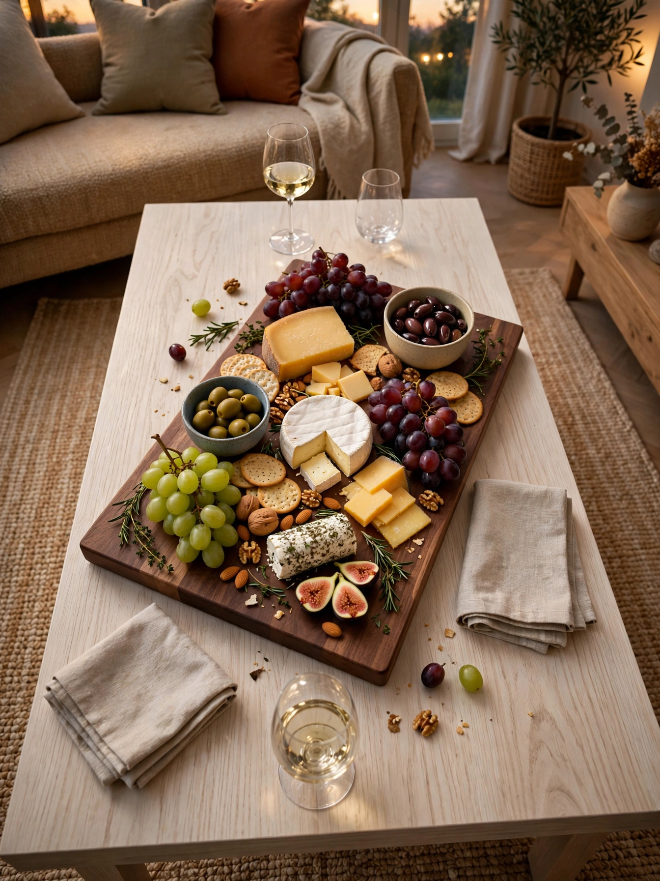 Walnut serving board with cheese and grapes on a 62 inch table, styled with rectangle coffee table decor ideas