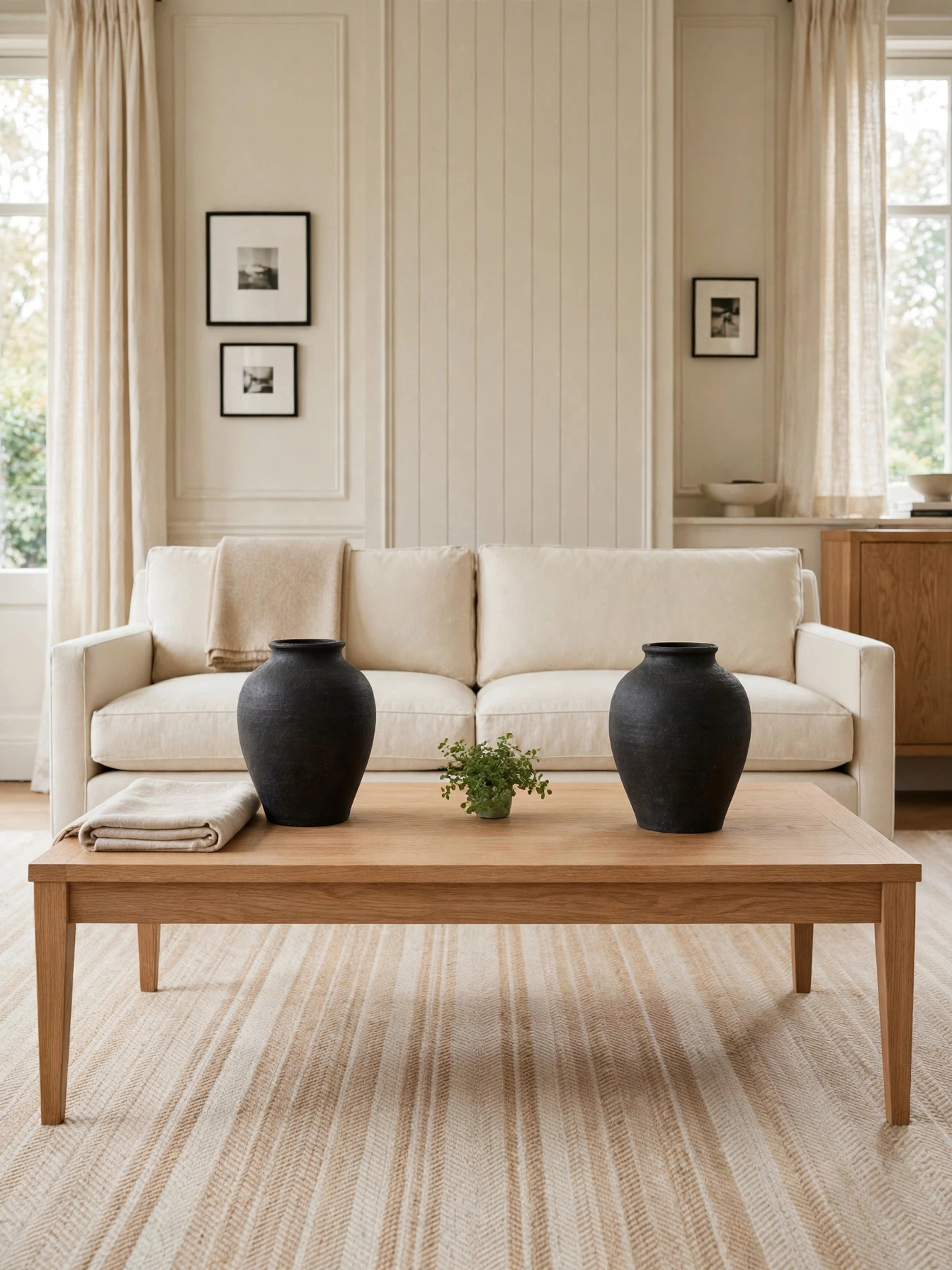 Two identical black vases placed symmetrically at each end of a table, styled with rectangle coffee table decor ideas