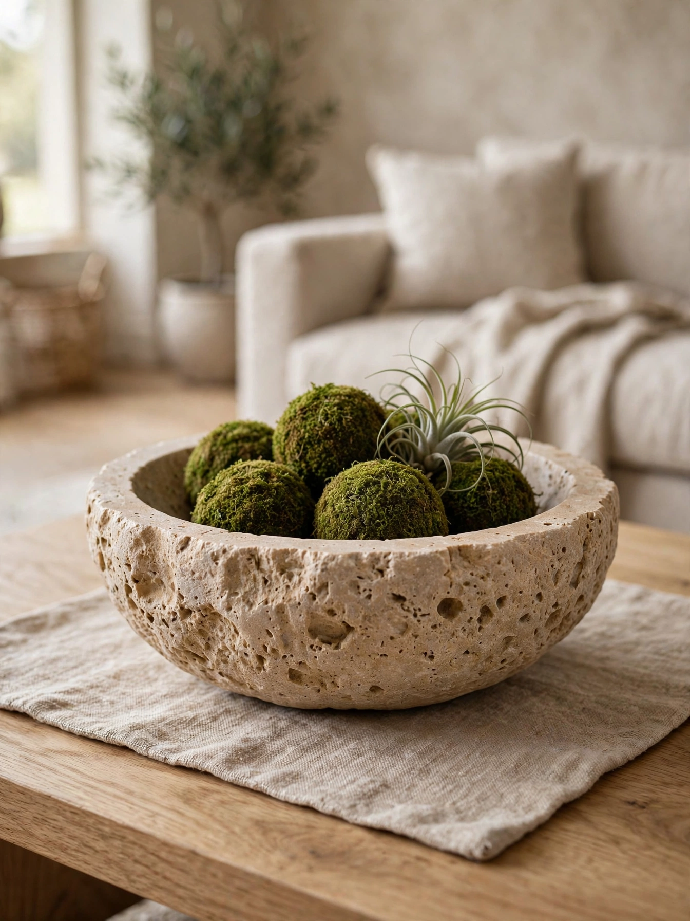 Rough travertine bowl with moss balls on a 58 inch table, styled with rectangle coffee table decor ideas
