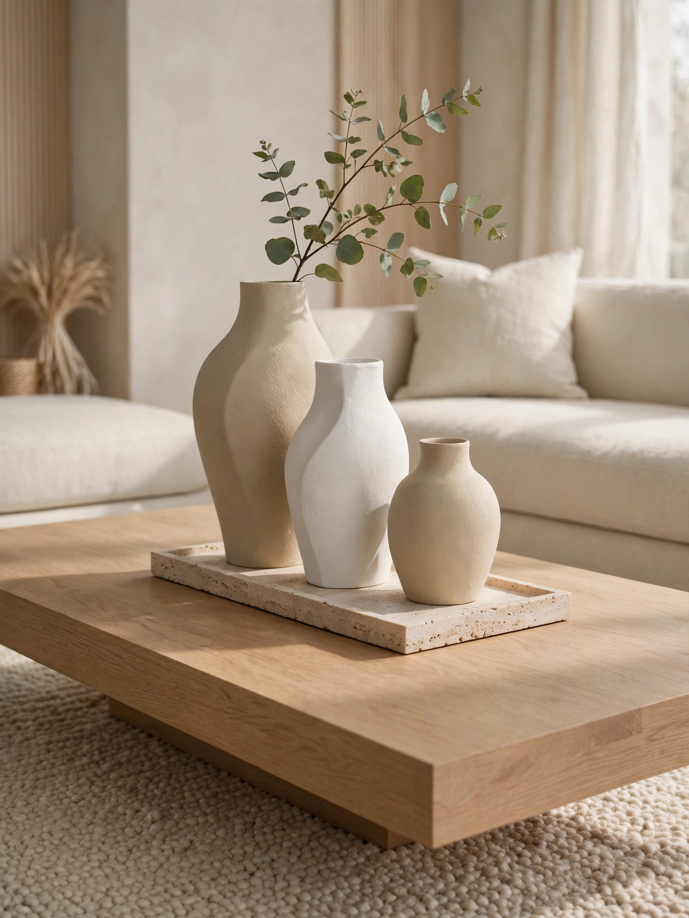 Three ceramic vases of graduating heights on a long table, styled with rectangle coffee table decor ideas