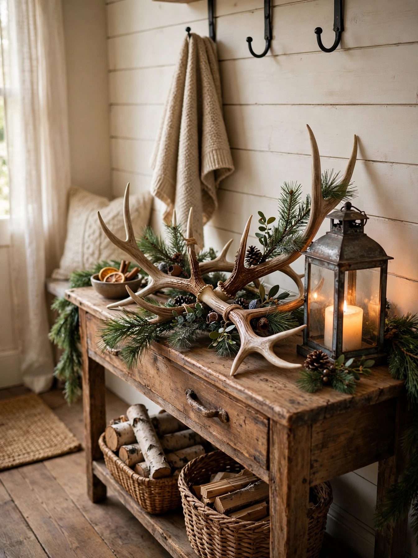 Resin deer antlers with pine sprigs on a console table, a woodland rustic christmas decor ideas 2026 accent
