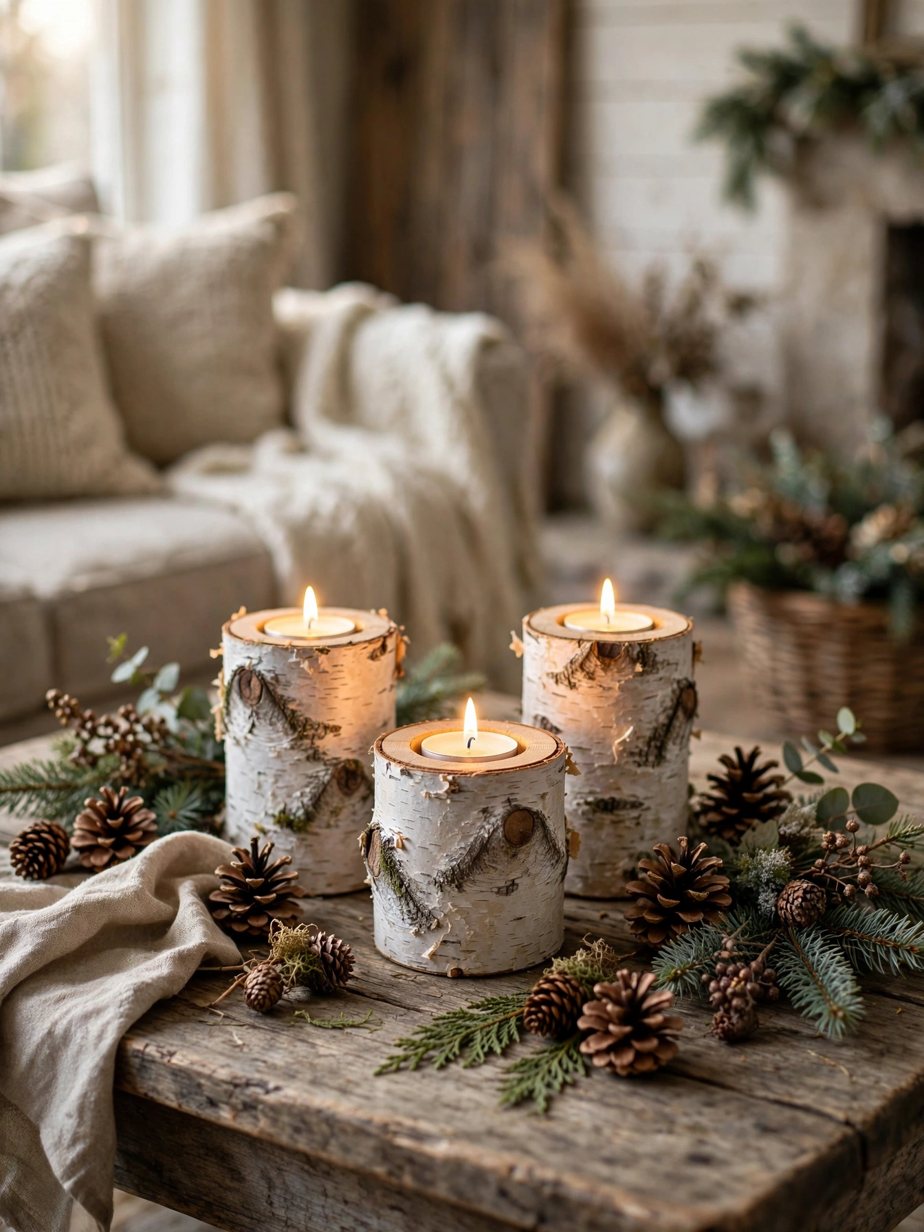 White birch log candle holders with tea lights on a coffee table, a natural rustic christmas decor ideas 2026 centerpiece