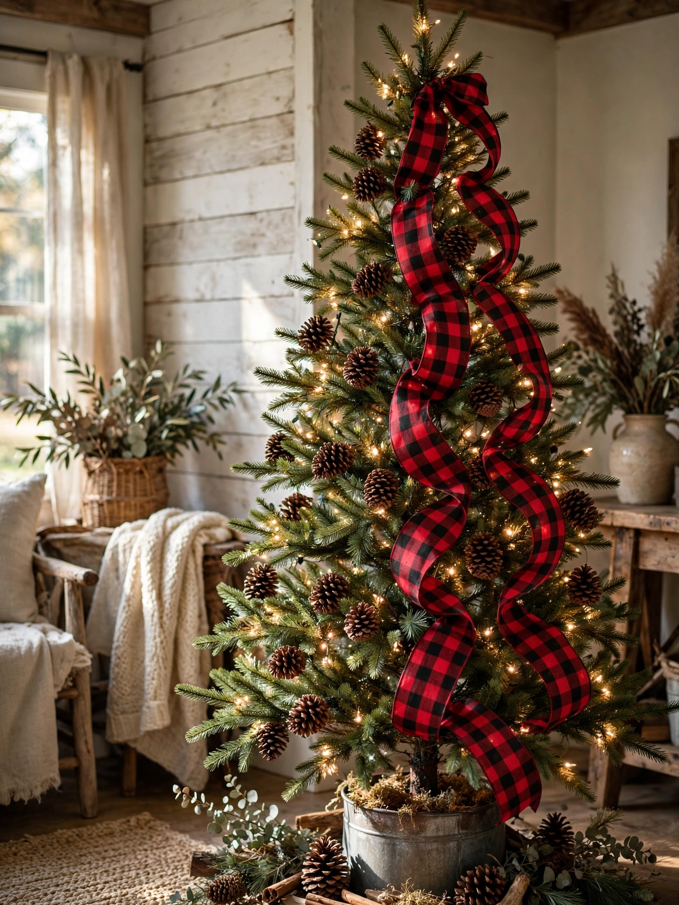 Buffalo plaid ribbon cascading down a rustic Christmas tree, a bold rustic christmas decor ideas 2026 statement