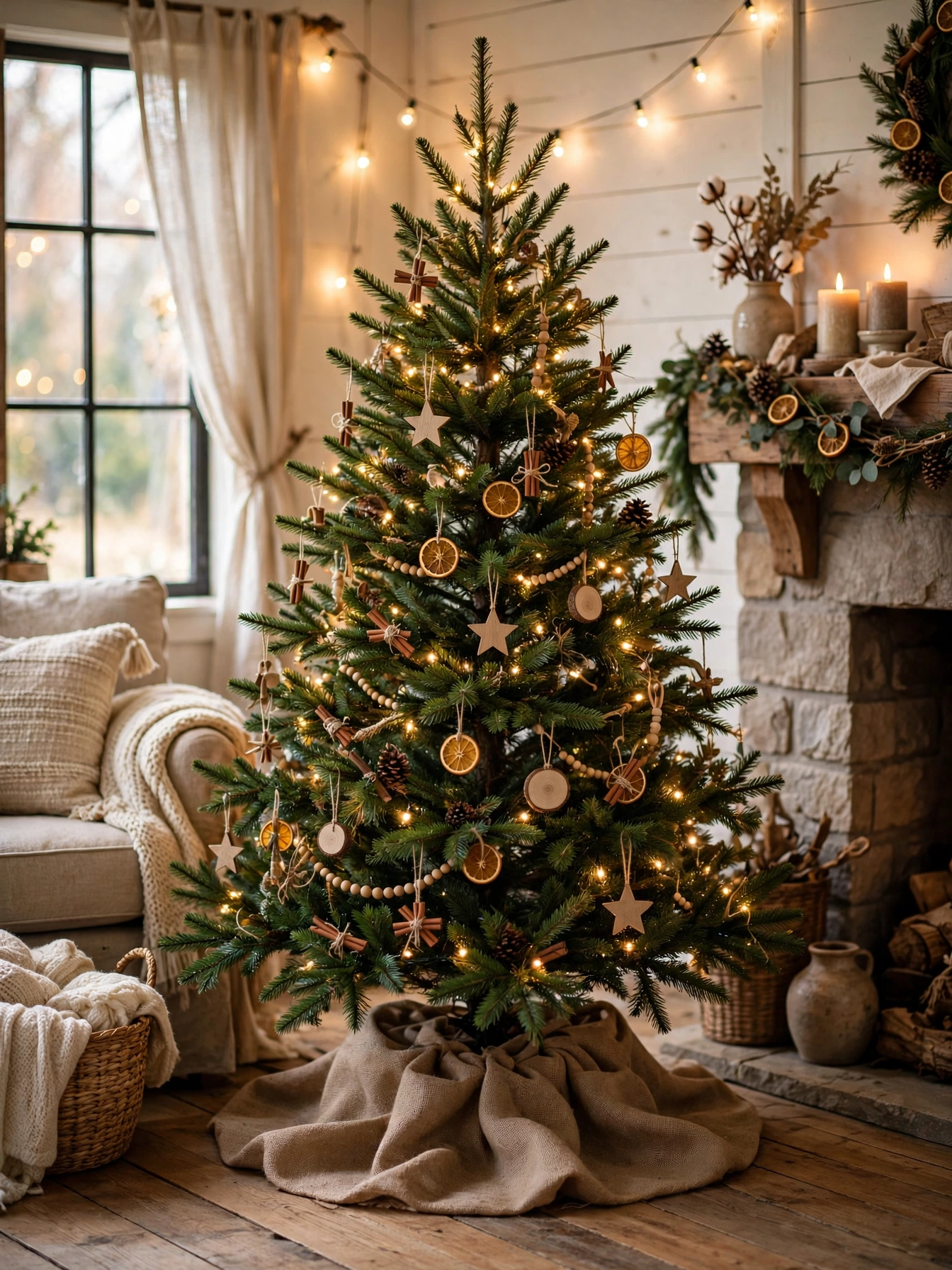 Natural Christmas tree with a gathered burlap tree skirt, one of the easiest rustic christmas decor ideas 2026 for hiding an ugly stand