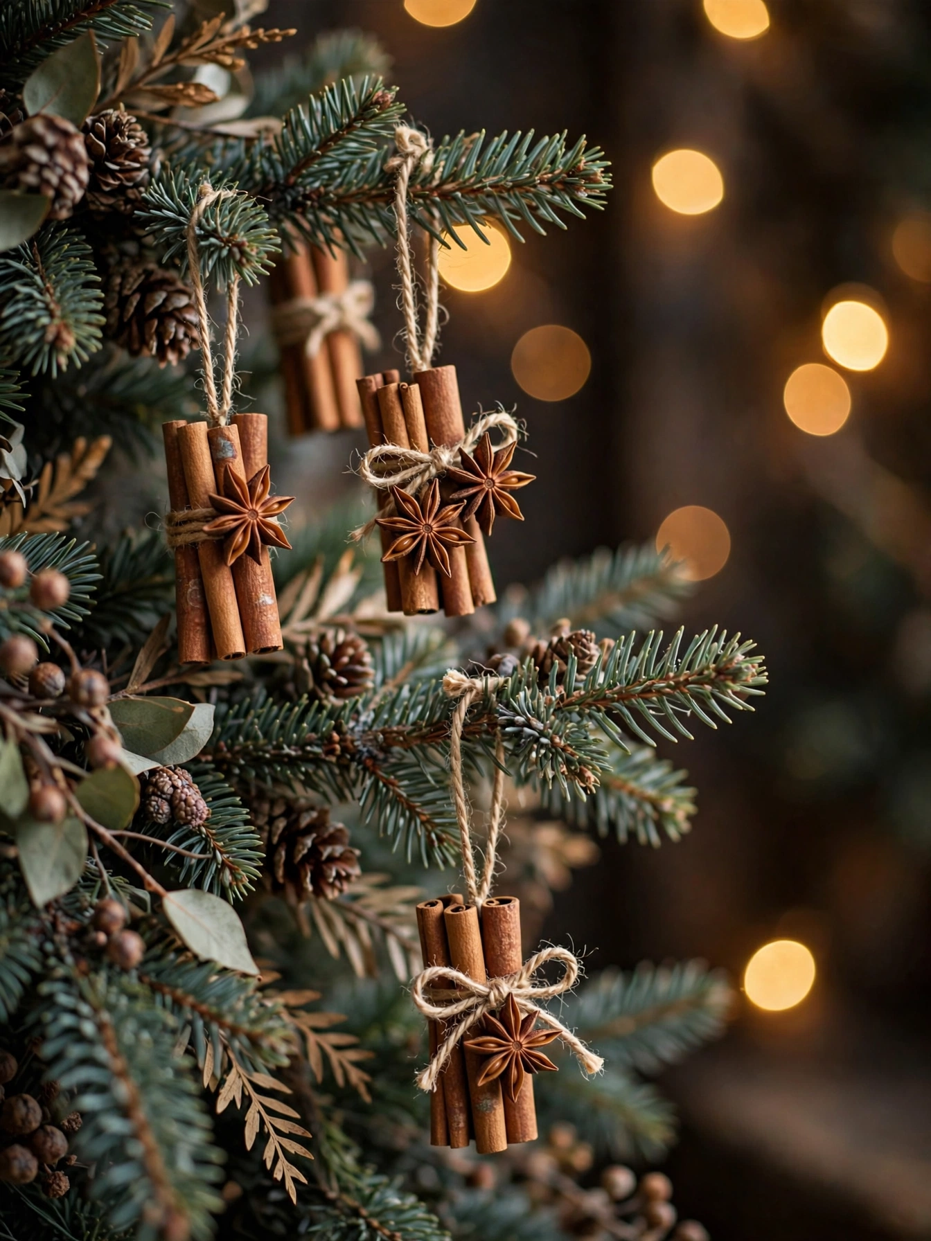 Cinnamon stick bundles tied with twine as tree ornaments, a scented rustic christmas decor ideas 2026 detail