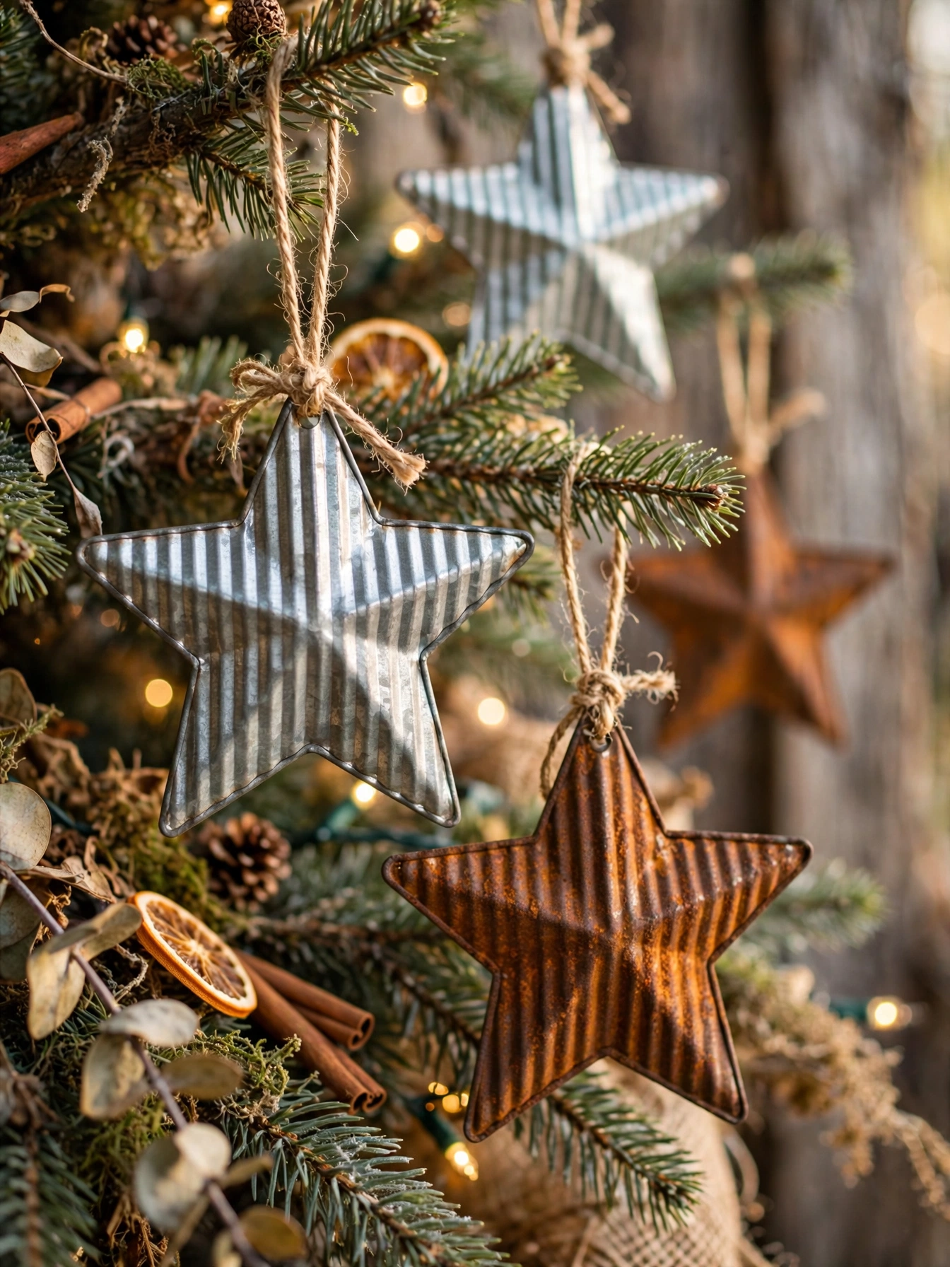 Corrugated tin stars hanging on a rustic Christmas tree, an industrial farmhouse rustic christmas decor ideas 2026 ornament