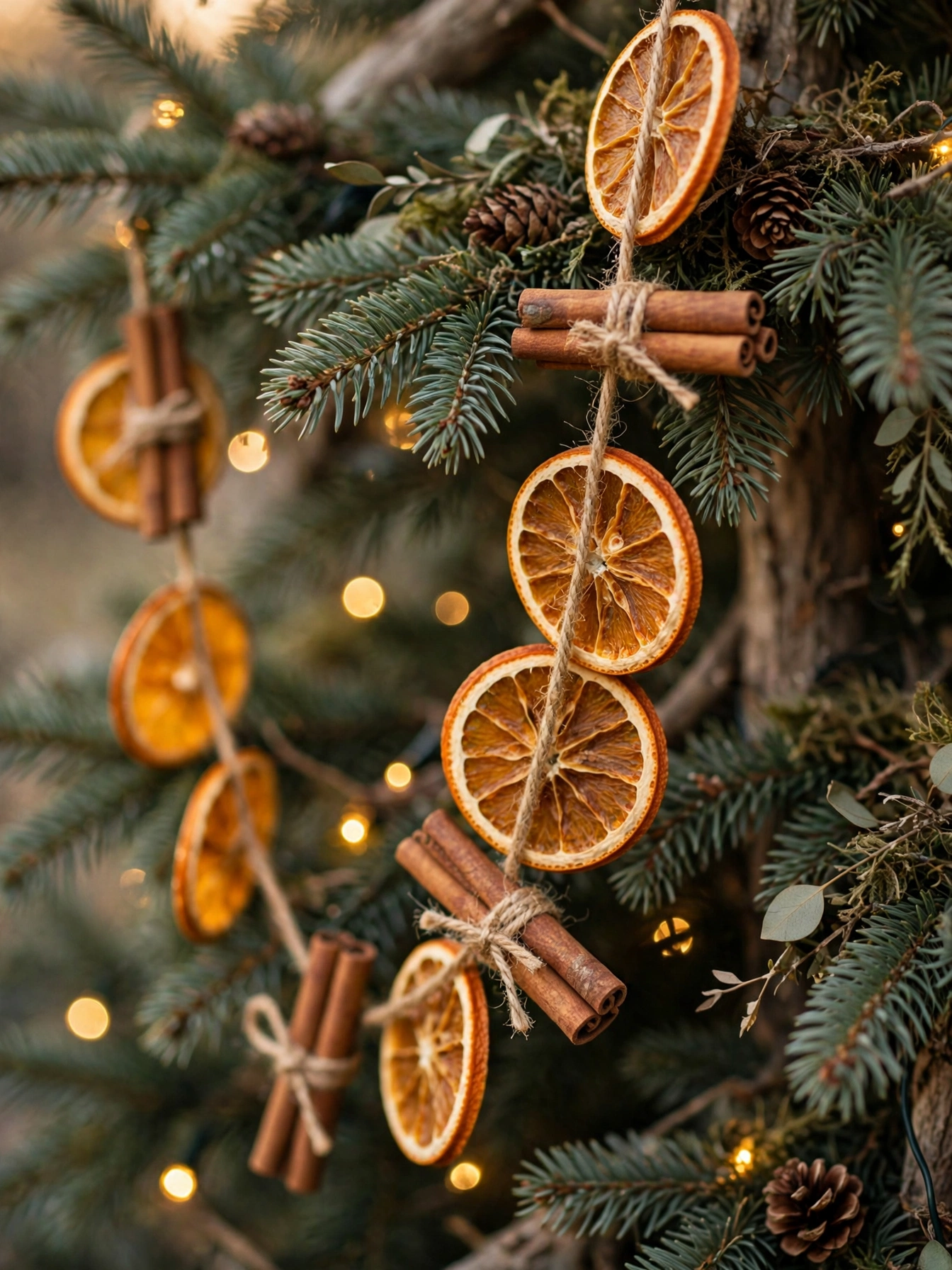 Dried orange slice garland with cinnamon on a Christmas tree, a fragrant rustic christmas decor ideas 2026 craft