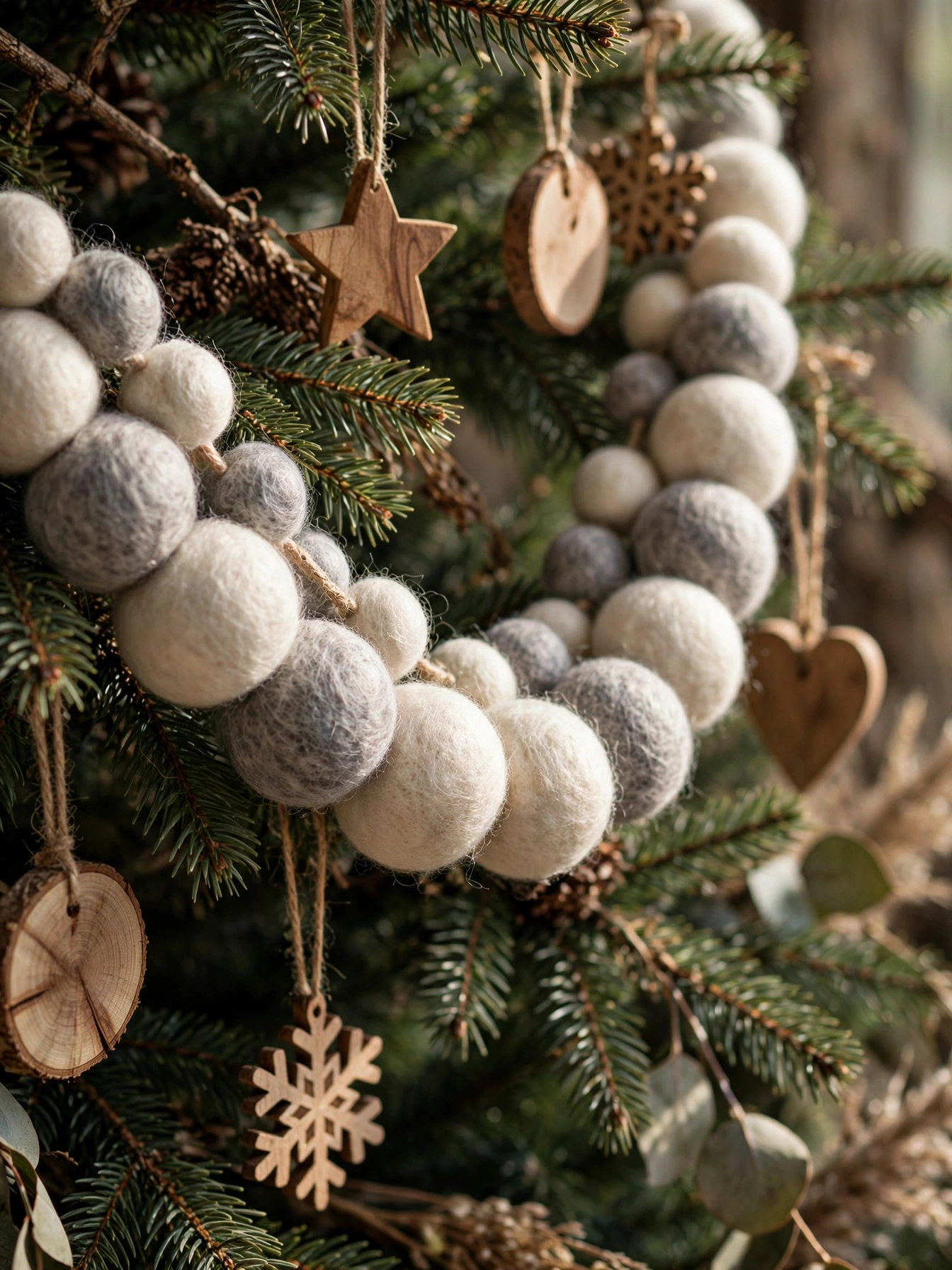 Cream and gray felted wool ball garland on a Christmas tree, a soft rustic christmas decor ideas 2026 texture