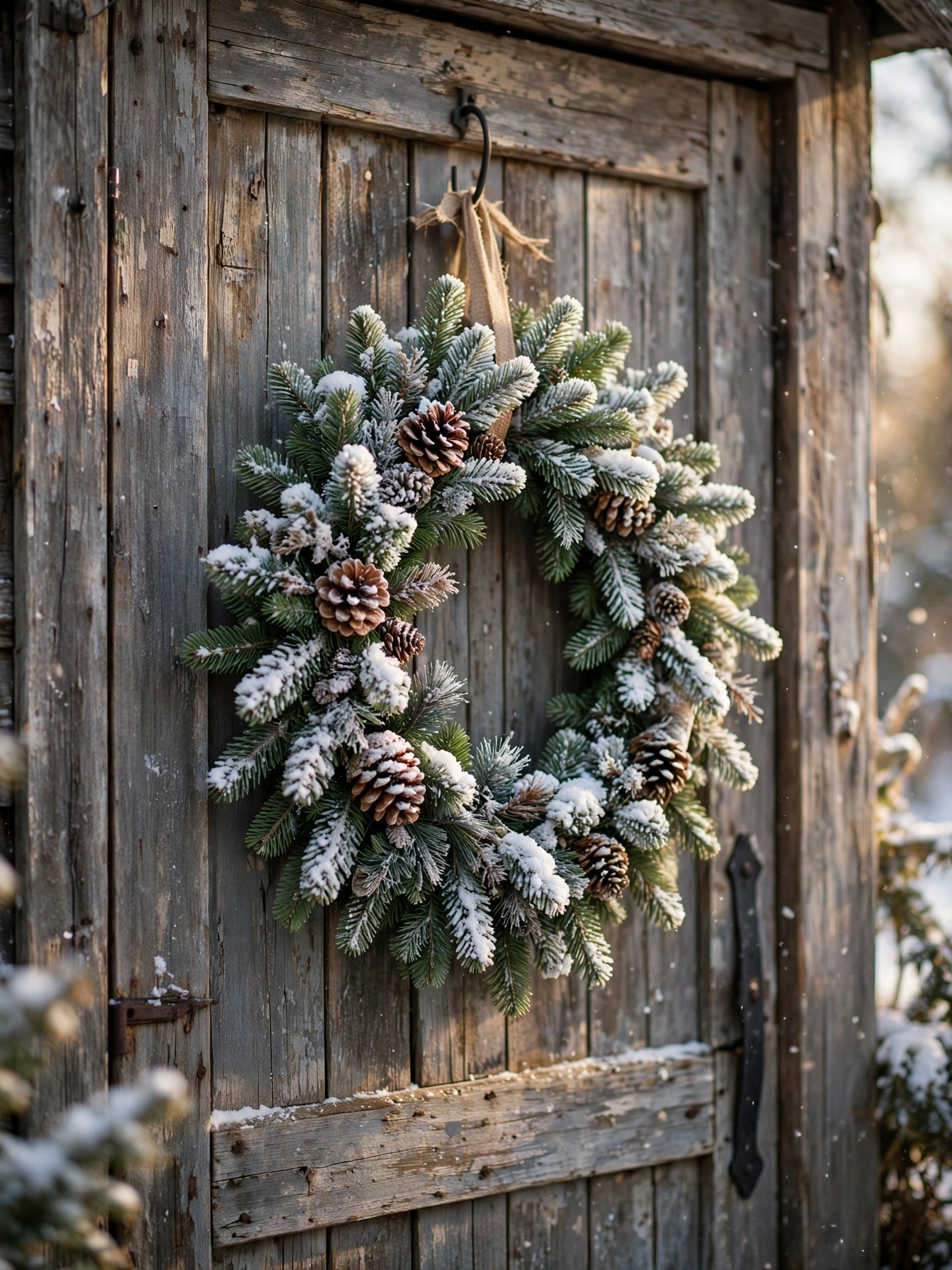Snow flocked evergreen wreath on a barn wood door, a snowy rustic christmas decor ideas 2026 welcome