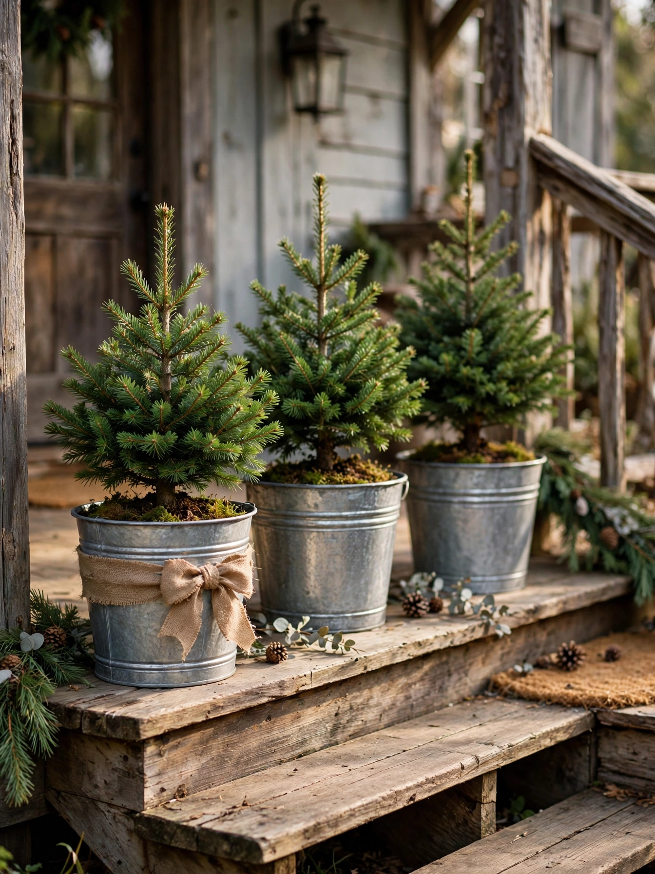 Mini pine trees in galvanized metal buckets on a porch, a sturdy rustic christmas decor ideas 2026 alternative to tree stands
