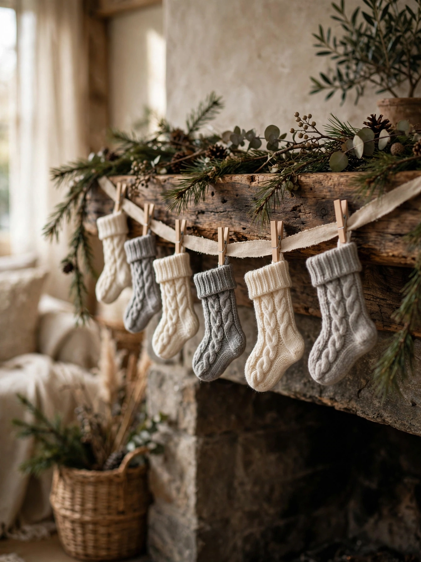 Mini knit stockings hanging in a garland on a wooden mantel, a family friendly rustic christmas decor ideas 2026 tradition