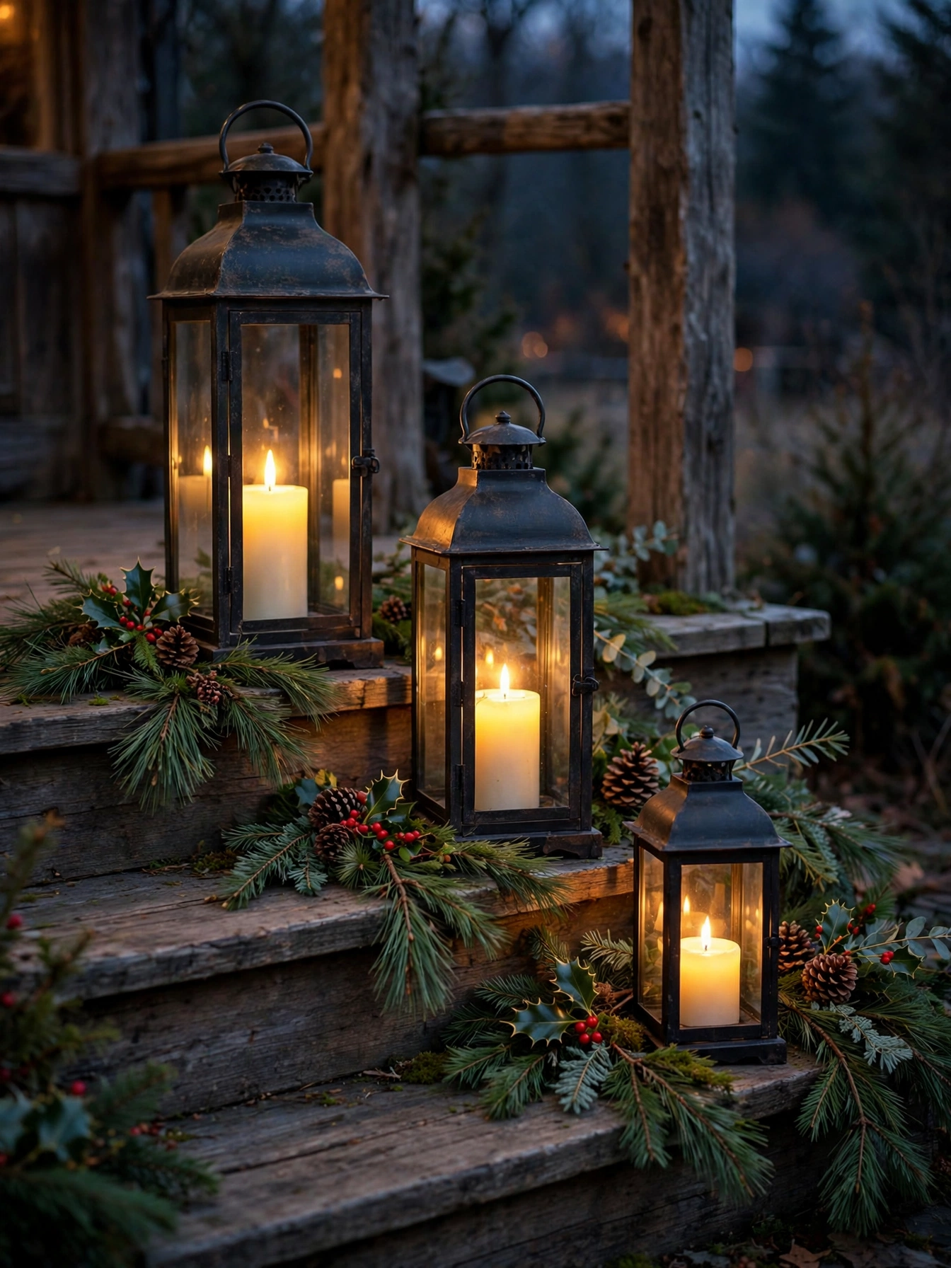 Three rustic lanterns of different heights with candles on porch steps, a glowing rustic christmas decor ideas 2026 grouping