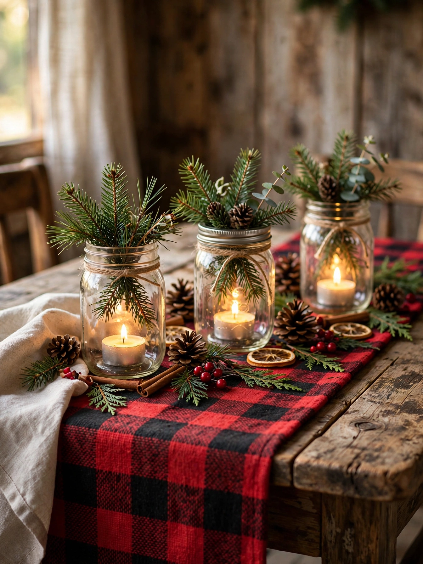 Mason jar lanterns with candles on a wooden table, a budget friendly rustic christmas decor ideas 2026 for warm light