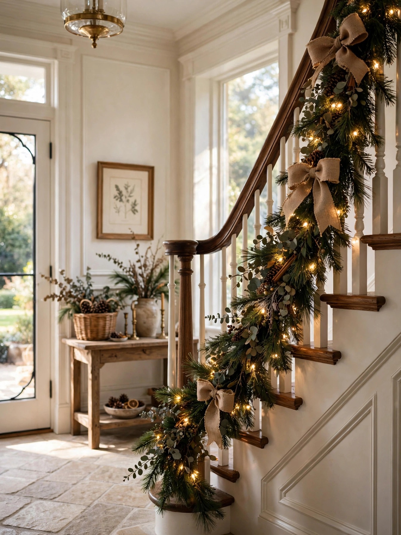 Pine bough garland with lights along a wooden staircase banister, a grand rustic christmas decor ideas 2026 entrance