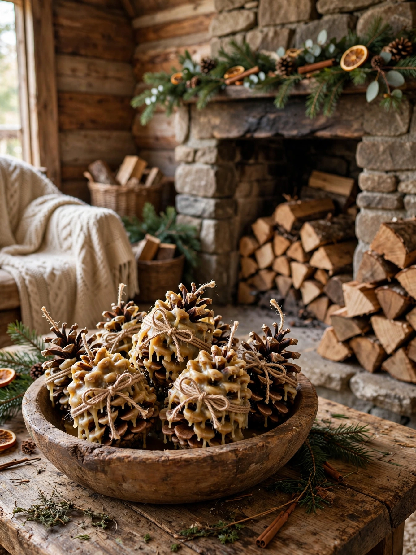 Wax dipped pinecone fire starters in a wooden bowl by the fireplace, a practical rustic christmas decor ideas 2026 craft