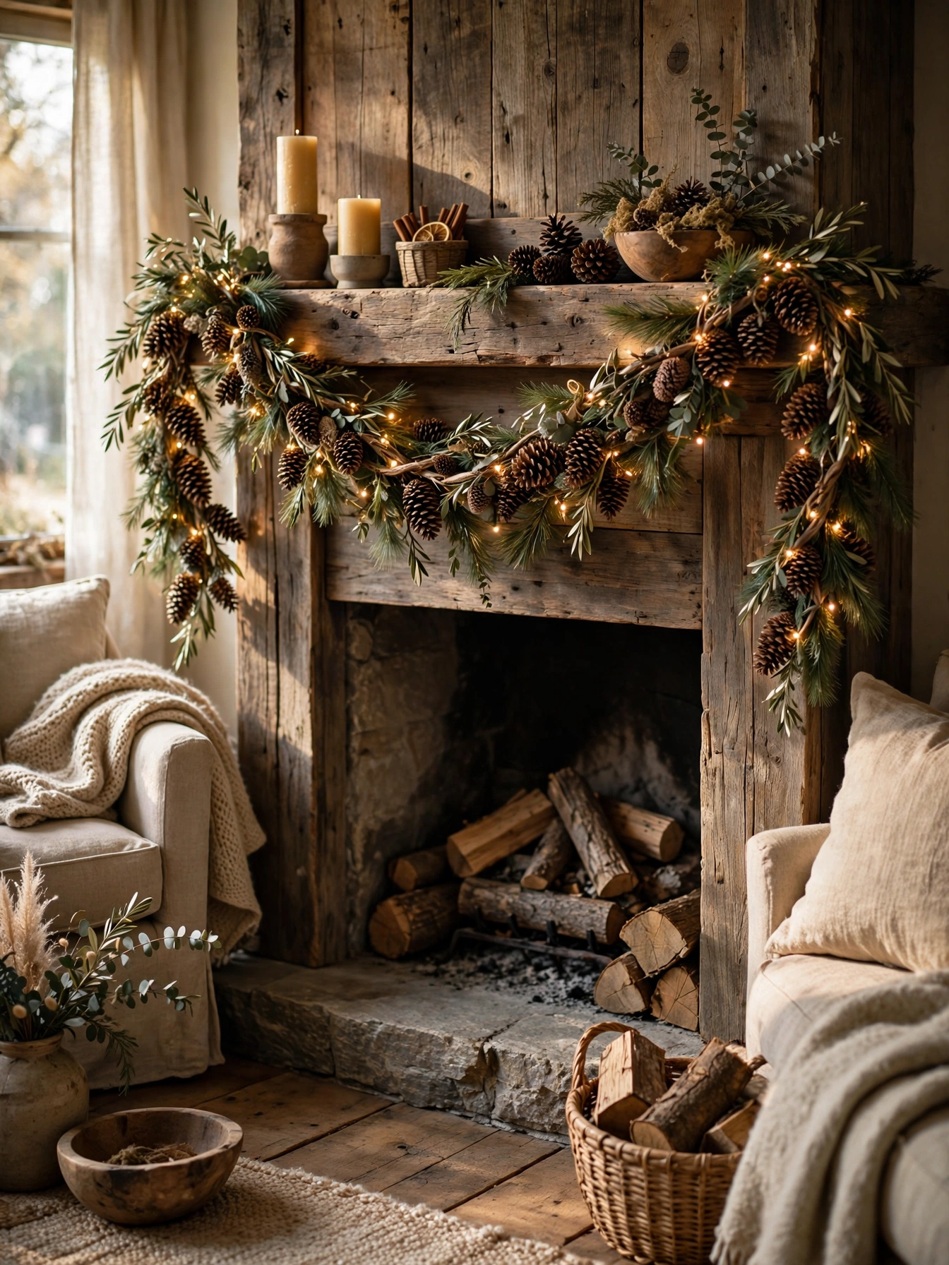 Pinecone garland swags with fairy lights on a wood mantel, a classic rustic christmas decor ideas 2026 look