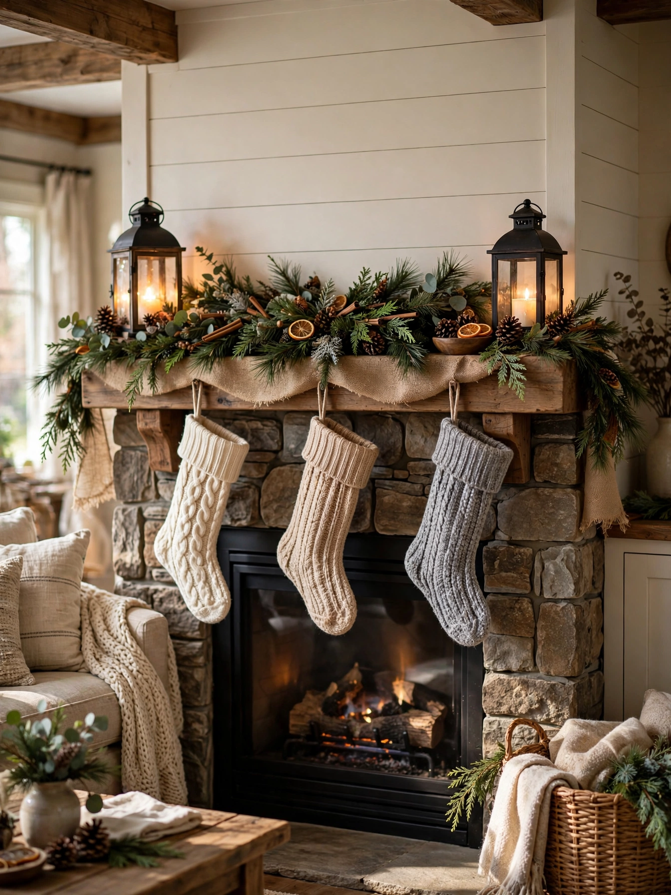 Pine garland with burlap runner and lanterns on a fireplace mantel, the anchor of rustic christmas decor ideas 2026 styling