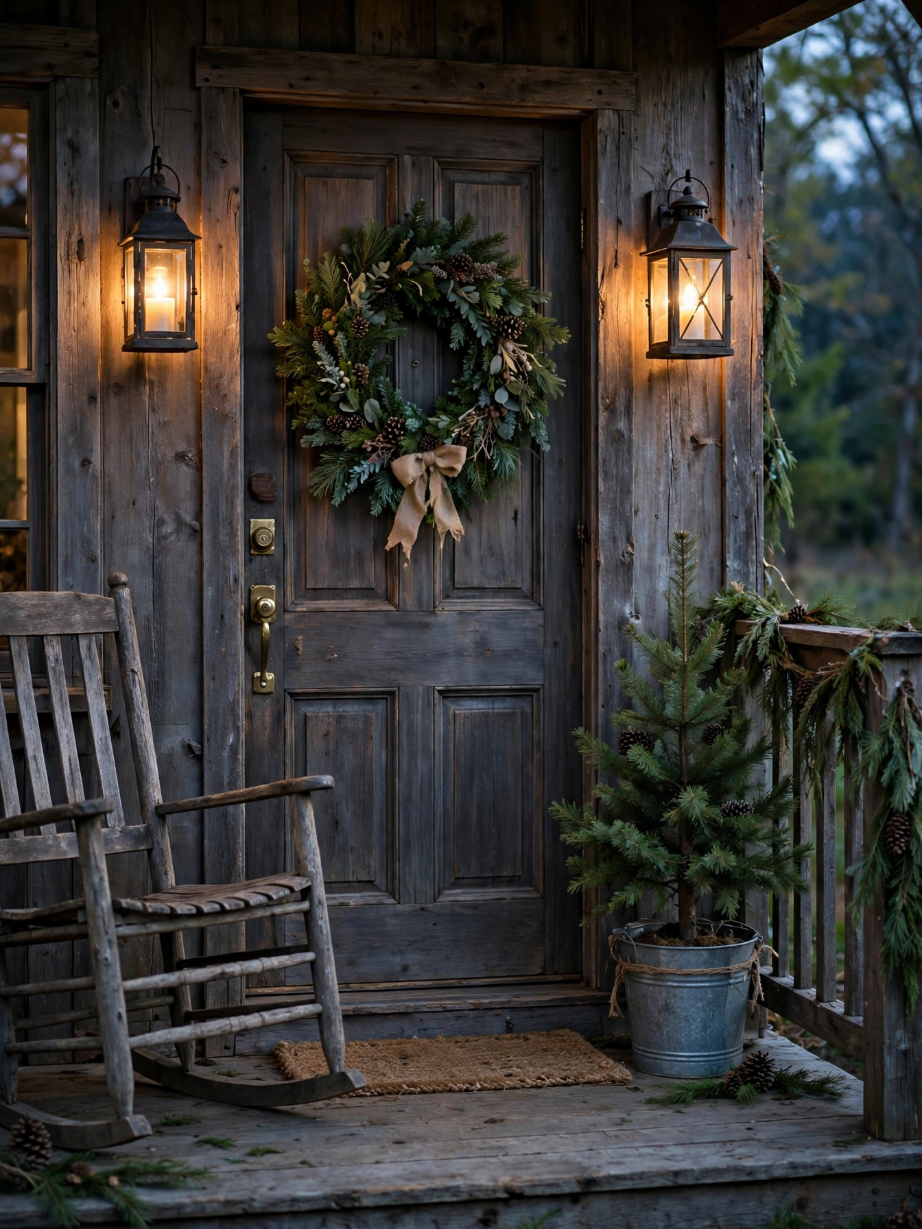 Rustic Christmas porch with lanterns, wreath and bucket tree, a welcoming rustic christmas decor ideas 2026 entry