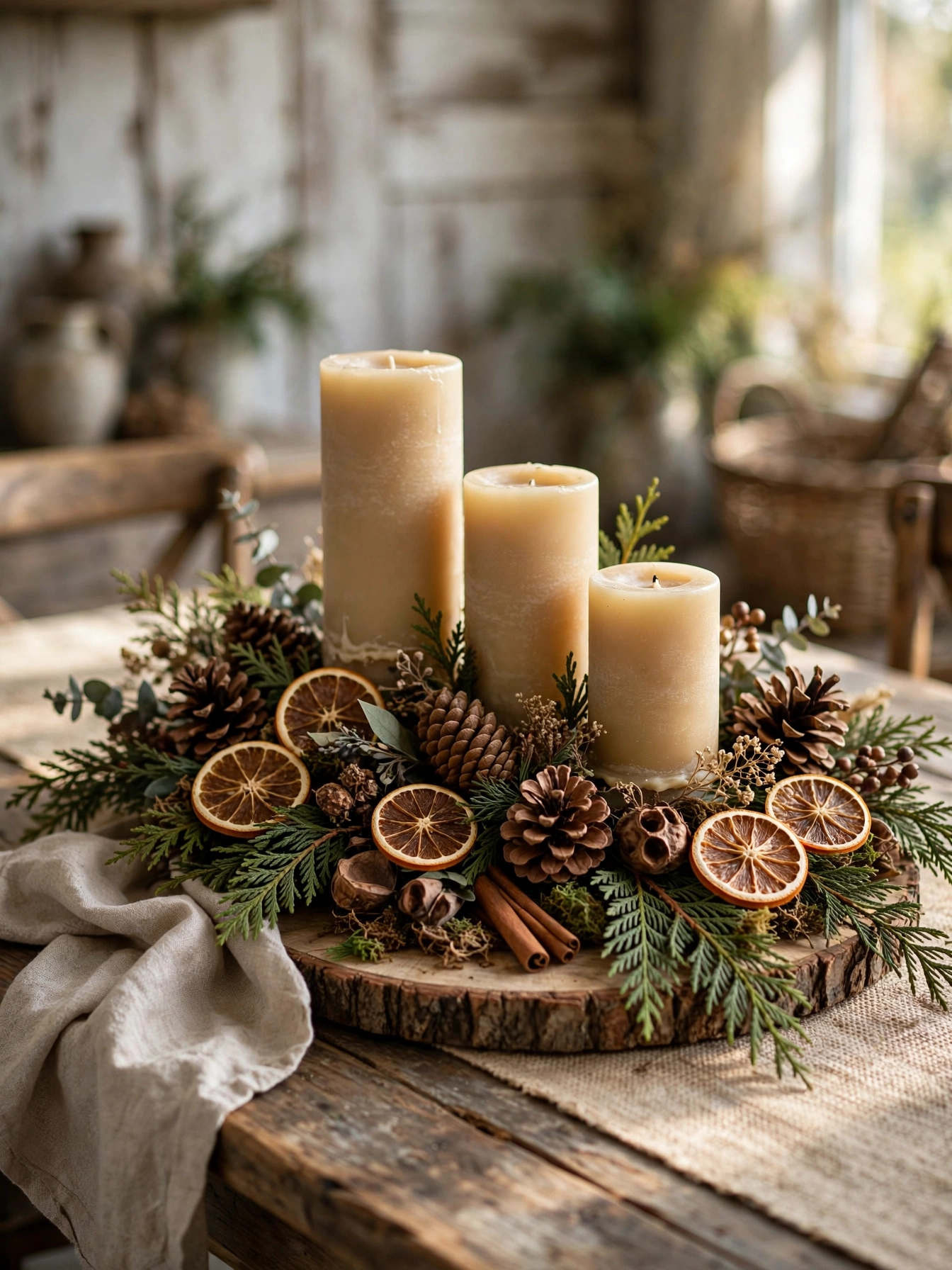 Wood slice board with pinecones and candles as a table centerpiece, an easy rustic christmas decor ideas 2026 for dinners