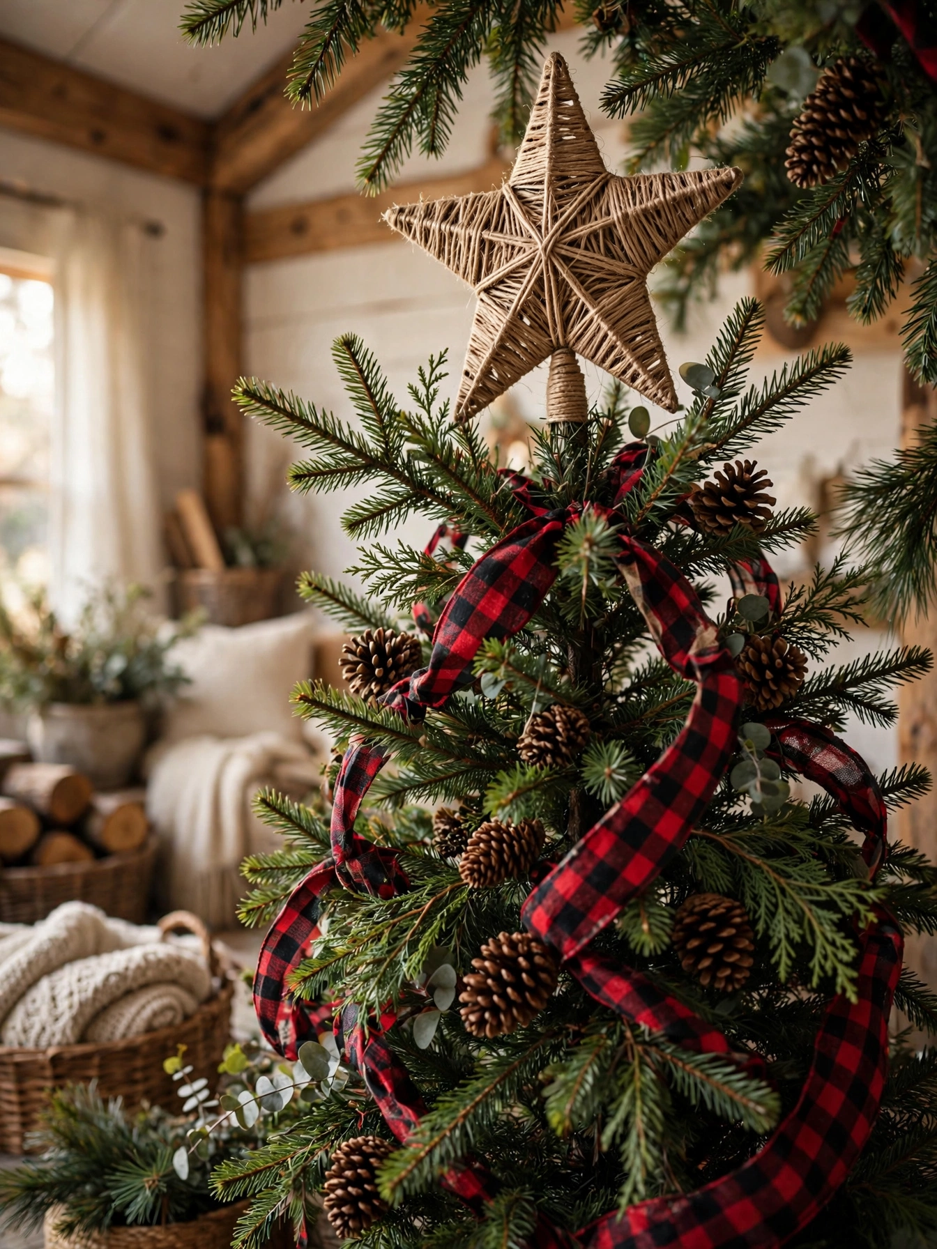 Handmade twine wrapped star tree topper on a rustic tree, a lightweight rustic christmas decor ideas 2026 finish